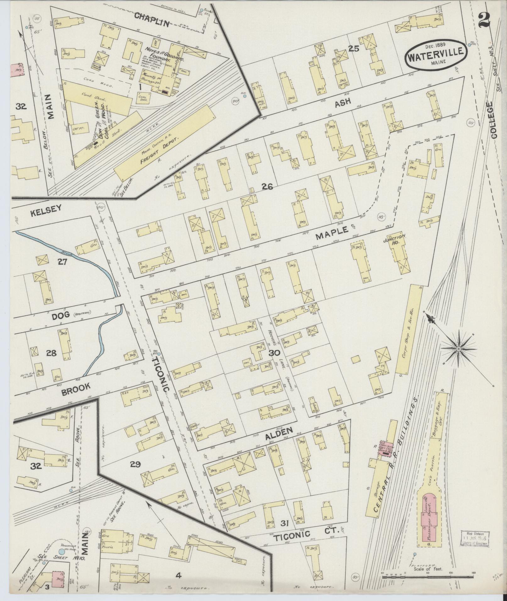 Sanborn Fire Insurance Map from Waterville, Kennebec County, Maine (1889), Sheet #0002 - Complete Map Set gallery image, historic Sanborn map, vintage wall art, Maine Maine