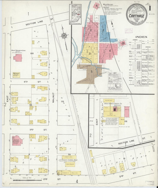 Sanborn Fire Insurance Map from Carthage, Rush County, Indiana (1916), Sheet #0001 - Historic Sanborn Fire Insurance Map Print, vintage old map wall art, antique decor, genealogy gift, Indiana Indiana map