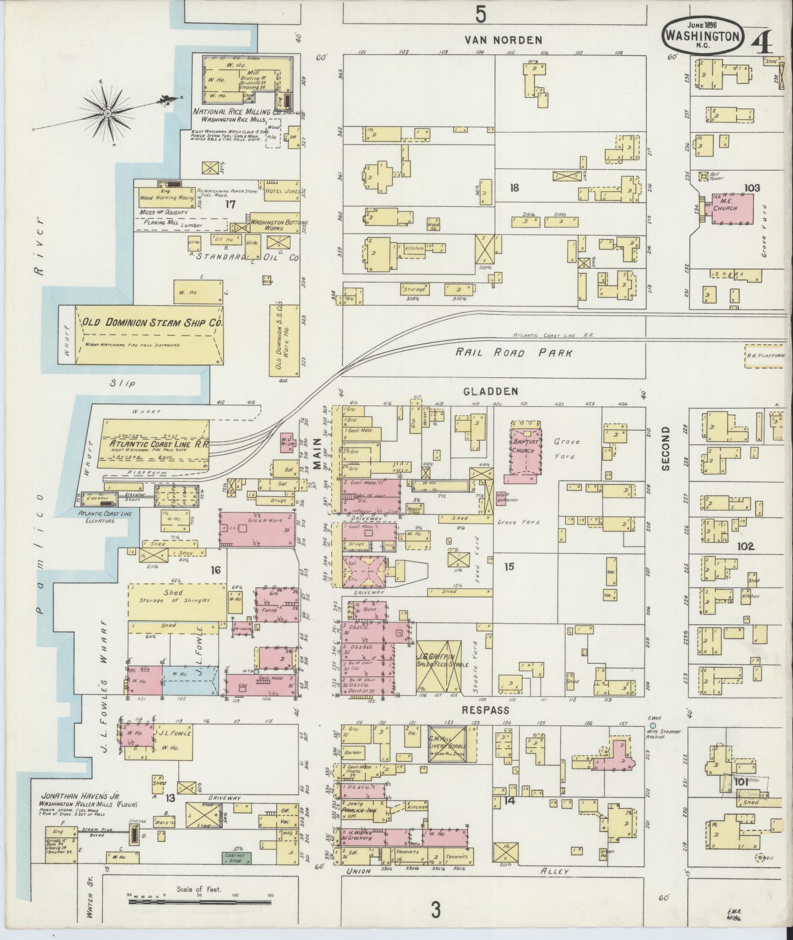 Sanborn Fire Insurance Map from Washington, Beaufort County, North Carolina (1896), Sheet #0004 - Historic Sanborn Fire Insurance Map Print, vintage old map wall art, antique decor, genealogy gift, Washington Washington map