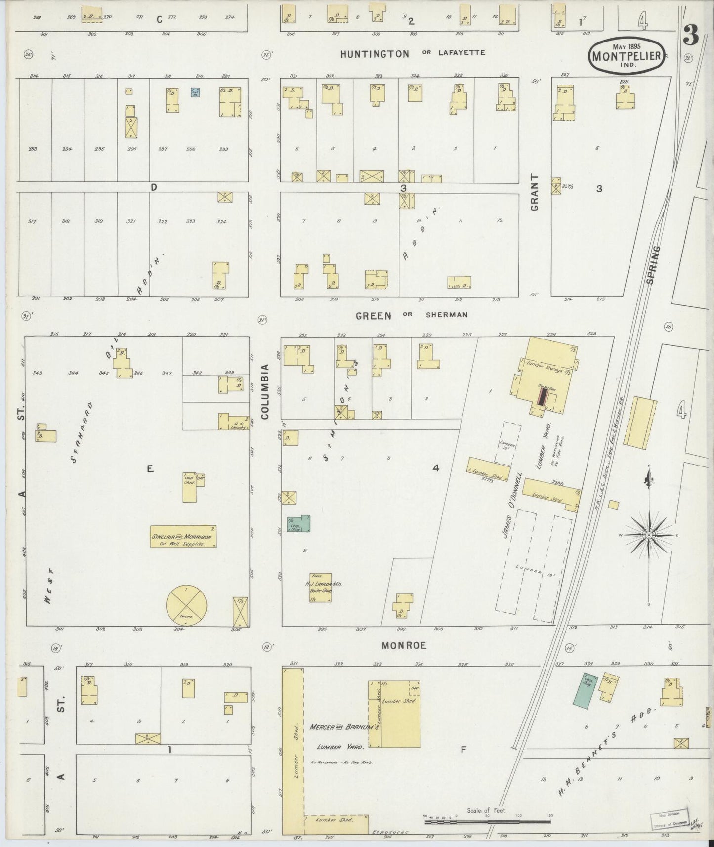Sanborn Fire Insurance Map from Montpelier, Blackford County, Indiana (1895), Sheet #0003 - Complete Map Set gallery image, historic Sanborn map, vintage wall art, Indiana Indiana