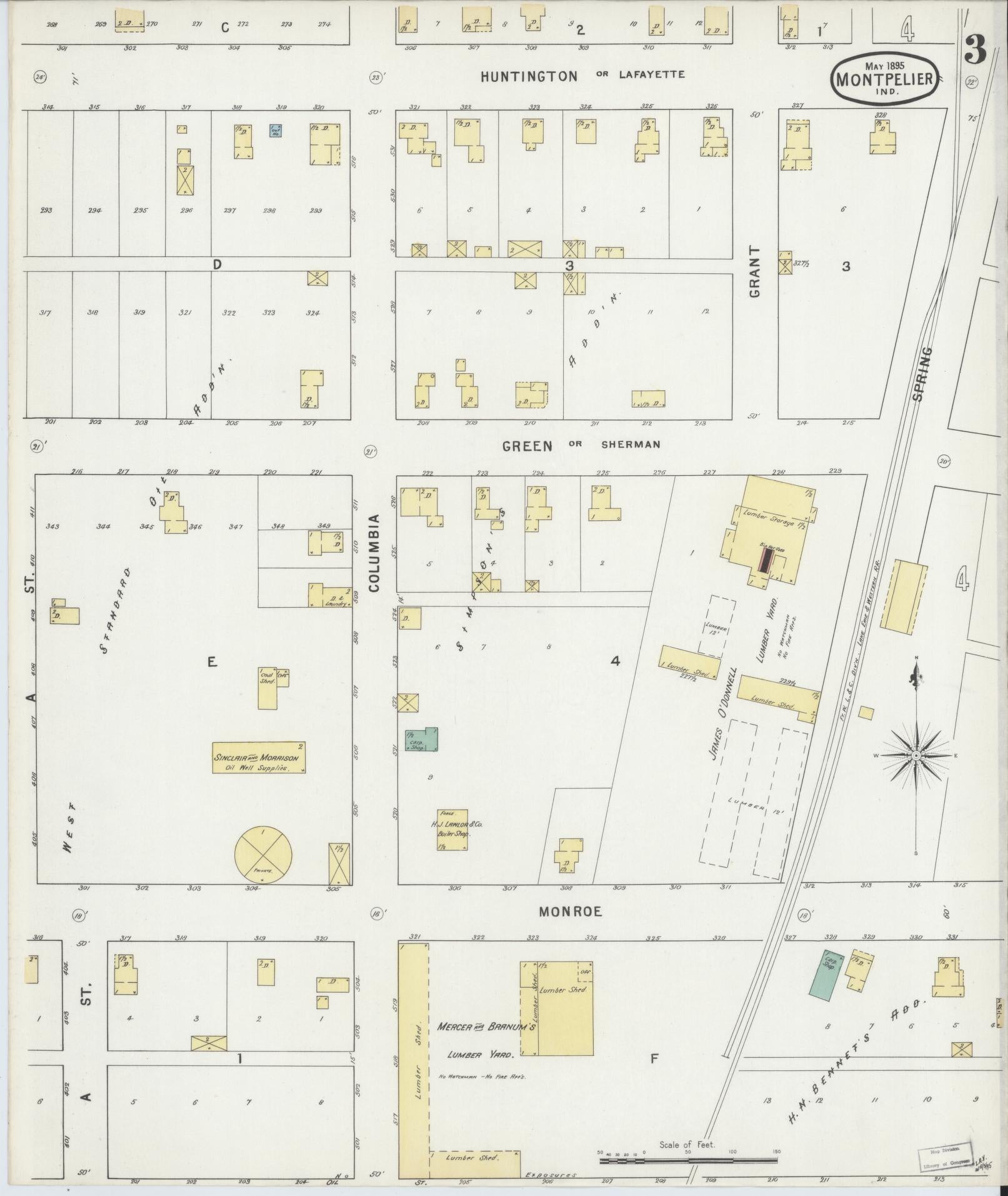 Sanborn Fire Insurance Map from Montpelier, Blackford County, Indiana (1895), Sheet #0003 - Complete Map Set gallery image, historic Sanborn map, vintage wall art, Indiana Indiana