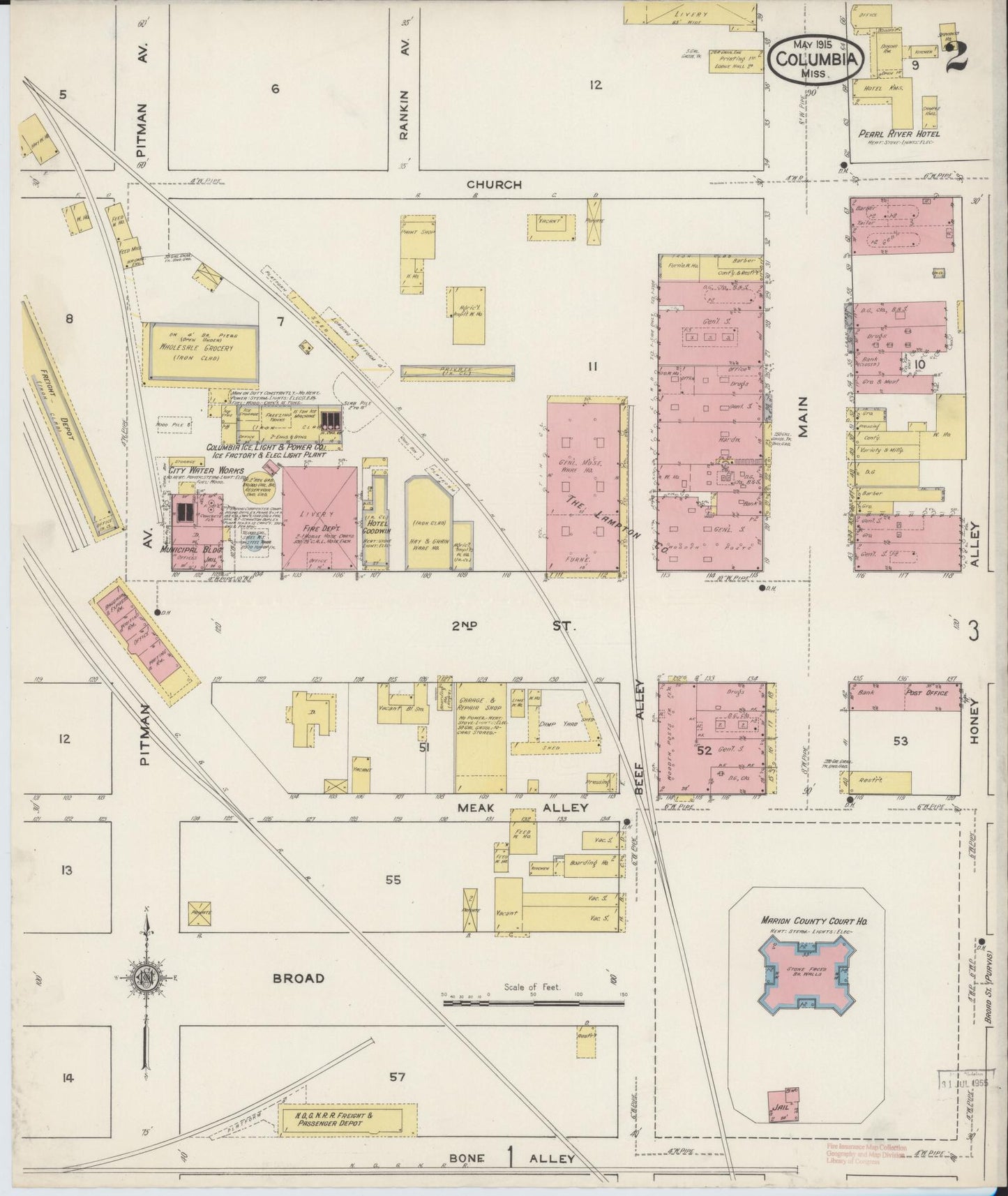 Sanborn Fire Insurance Map from Columbia, Marion County, Mississippi (1915), Sheet #0002 - Complete Map Set gallery image, historic Sanborn map, vintage wall art, Mississippi Mississippi