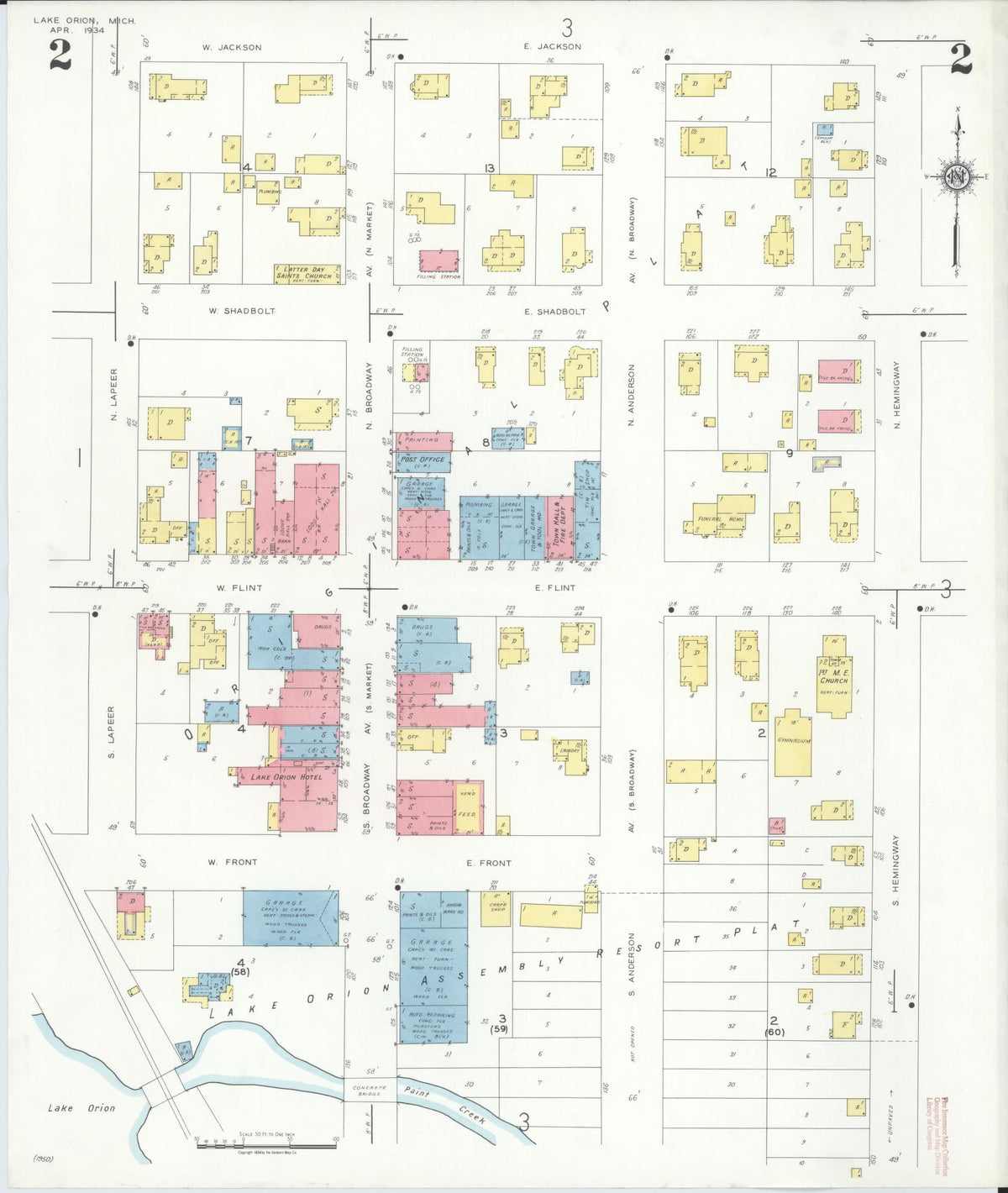 Sanborn Fire Insurance Map from Lake Orion, Oakland County, Michigan (1934), Sheet #0002 - Historic Sanborn Fire Insurance Map Print, vintage old map wall art, antique decor, genealogy gift, Michigan Michigan map