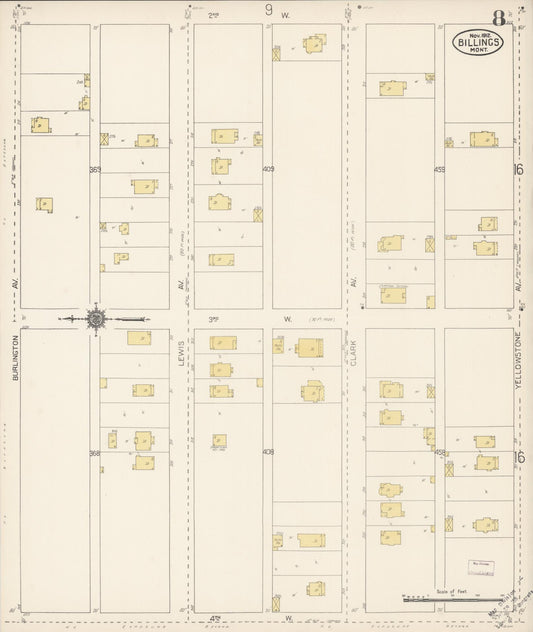 Sanborn Fire Insurance Map from Billings, Yellowstone County, Montana (1912), Sheet #0008 - Historic Sanborn Fire Insurance Map Print, vintage old map wall art, antique decor, genealogy gift, Montana Montana map