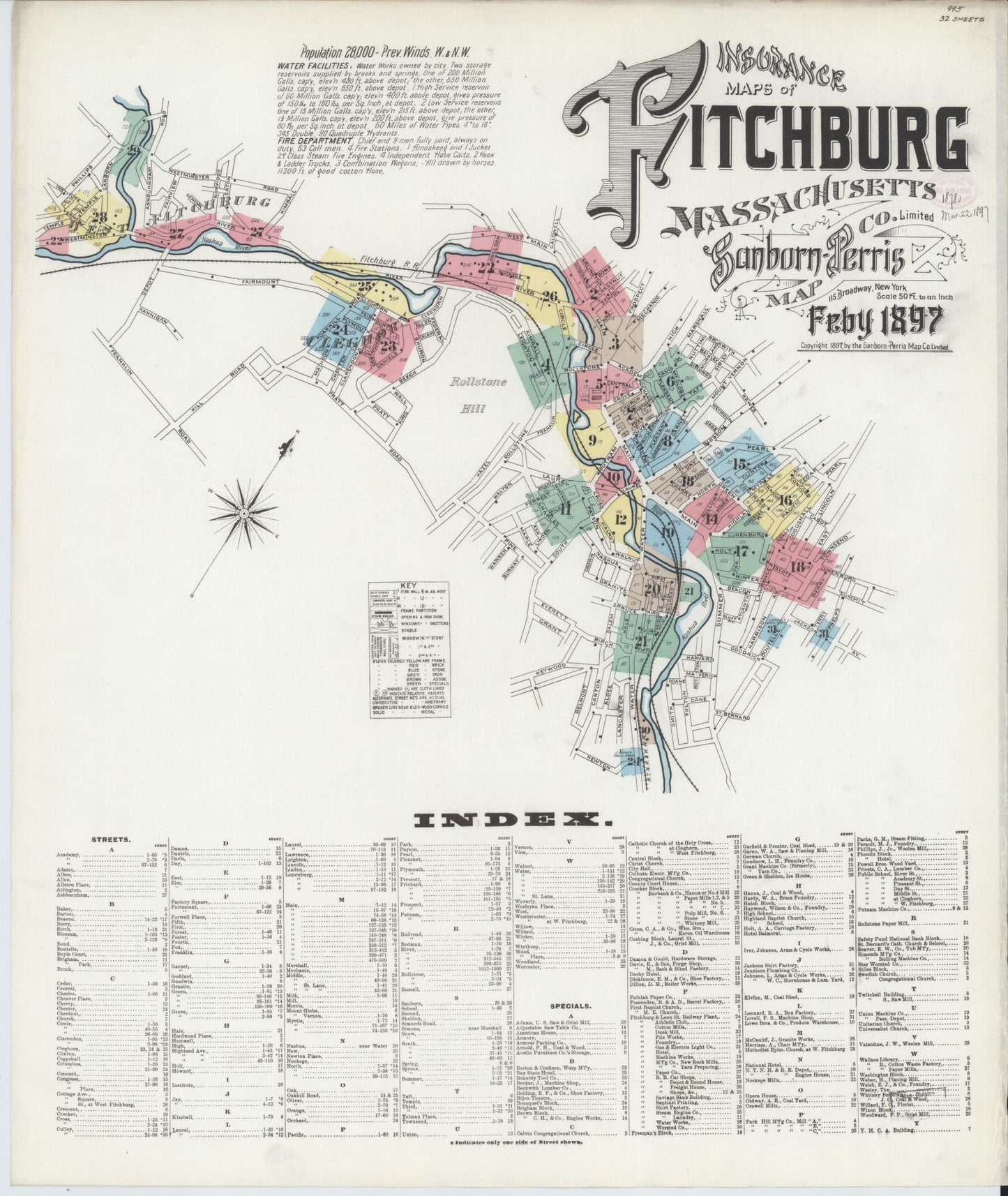 Sanborn Fire Insurance Map from Fitchburg, Worcester County, Massachusetts (1897), Sheet #0001 - Historic Sanborn Fire Insurance Map Print, vintage old map wall art, antique decor, genealogy gift, Massachusetts Massachusetts map