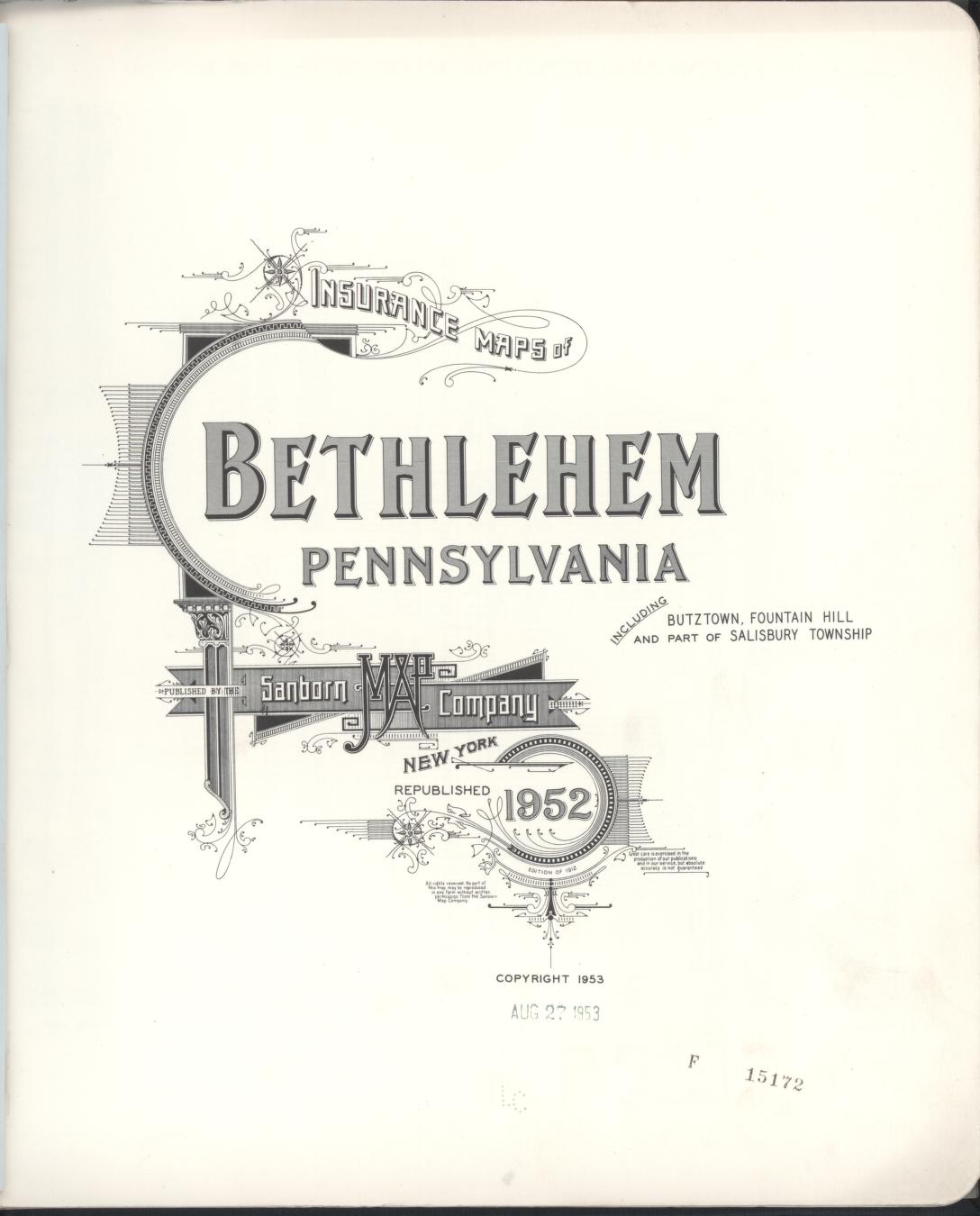 Sanborn Fire Insurance Map from Bethlehem, Northampton And Lehigh Counties, Pennsylvania (1952), Sheet #0001 - Historic Sanborn Fire Insurance Map Print, vintage old map wall art, antique decor, genealogy gift, Pennsylvania Pennsylvania map
