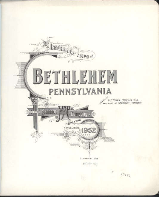 Sanborn Fire Insurance Map from Bethlehem, Northampton And Lehigh Counties, Pennsylvania (1952), Sheet #0001 - Historic Sanborn Fire Insurance Map Print, vintage old map wall art, antique decor, genealogy gift, Pennsylvania Pennsylvania map