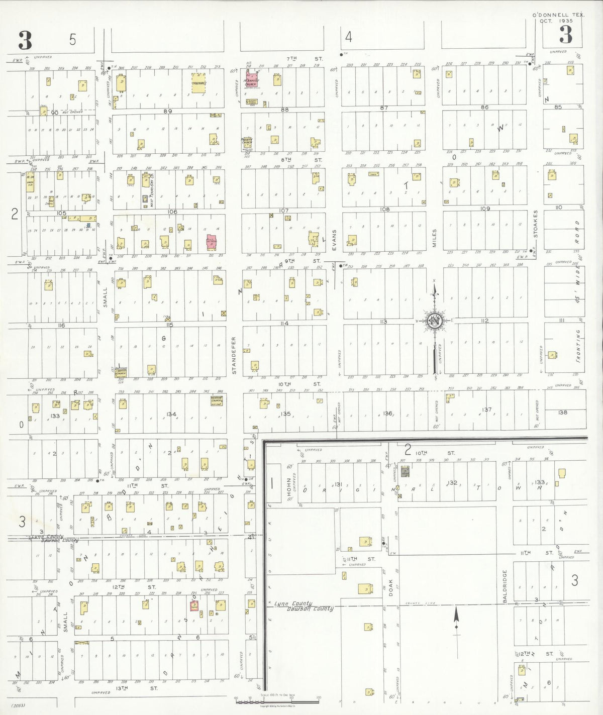 Sanborn Fire Insurance Map from O'Donnell, Lynn And Dawson Counties, Texas (1935), Sheet #0003 - Complete Map Set gallery image, historic Sanborn map, vintage wall art, Texas Texas