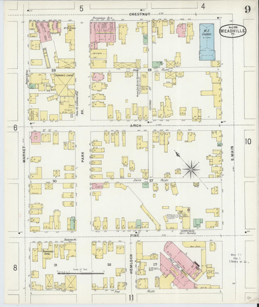 Sanborn Fire Insurance Map from Meadville, Crawford County, Pennsylvania (1896), Sheet #0009 - Historic Sanborn Fire Insurance Map Print, vintage old map wall art, antique decor, genealogy gift, Pennsylvania Pennsylvania map