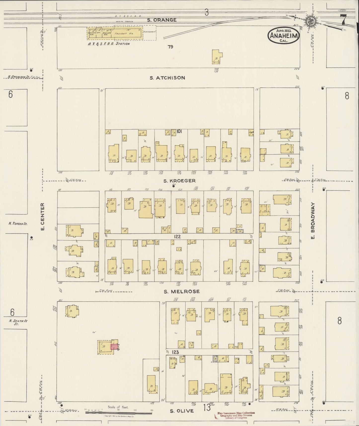 Sanborn Fire Insurance Map from Anaheim, Orange County, California (1922), Sheet #0007 - Historic Sanborn Fire Insurance Map Print, vintage old map wall art, antique decor, genealogy gift, California California map