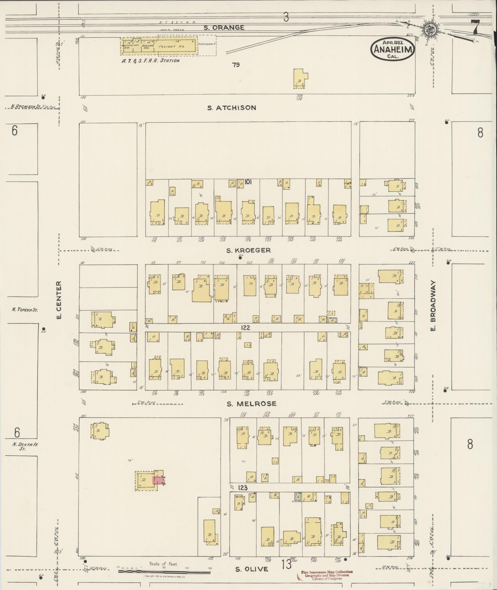 Sanborn Fire Insurance Map from Anaheim, Orange County, California (1922), Sheet #0007 - Historic Sanborn Fire Insurance Map Print, vintage old map wall art, antique decor, genealogy gift, California California map