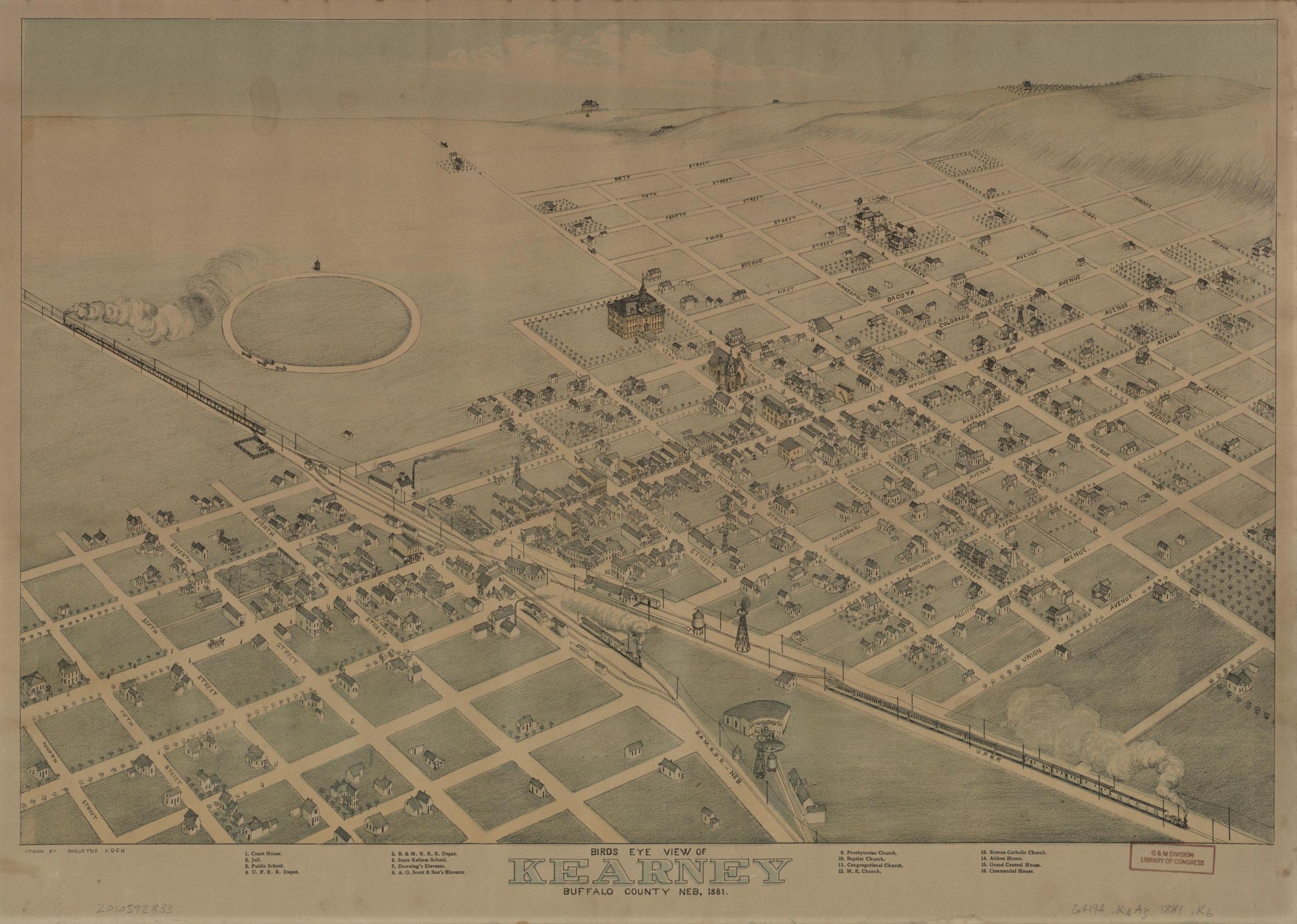 Birds eye view of Kearney, Buffalo County, Neb. 1881 (1881) – Historic Bird’s-Eye View Panorama Print