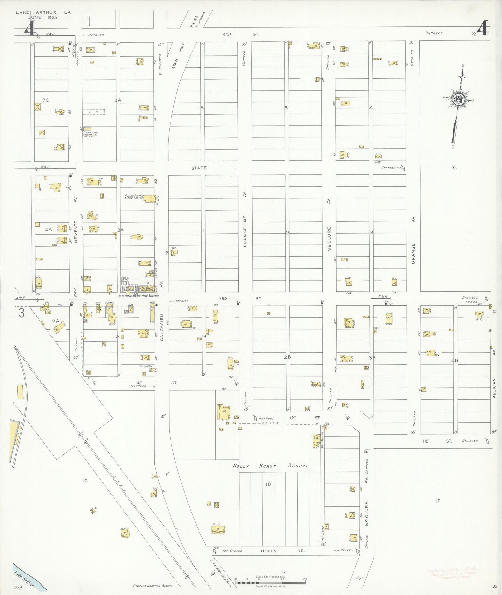 Sanborn Fire Insurance Map from Lake Arthur, Jefferson Davis Parish, Louisiana (1935), Sheet #0004 - Historic Sanborn Fire Insurance Map Print, vintage old map wall art, antique decor, genealogy gift, Louisiana Louisiana map
