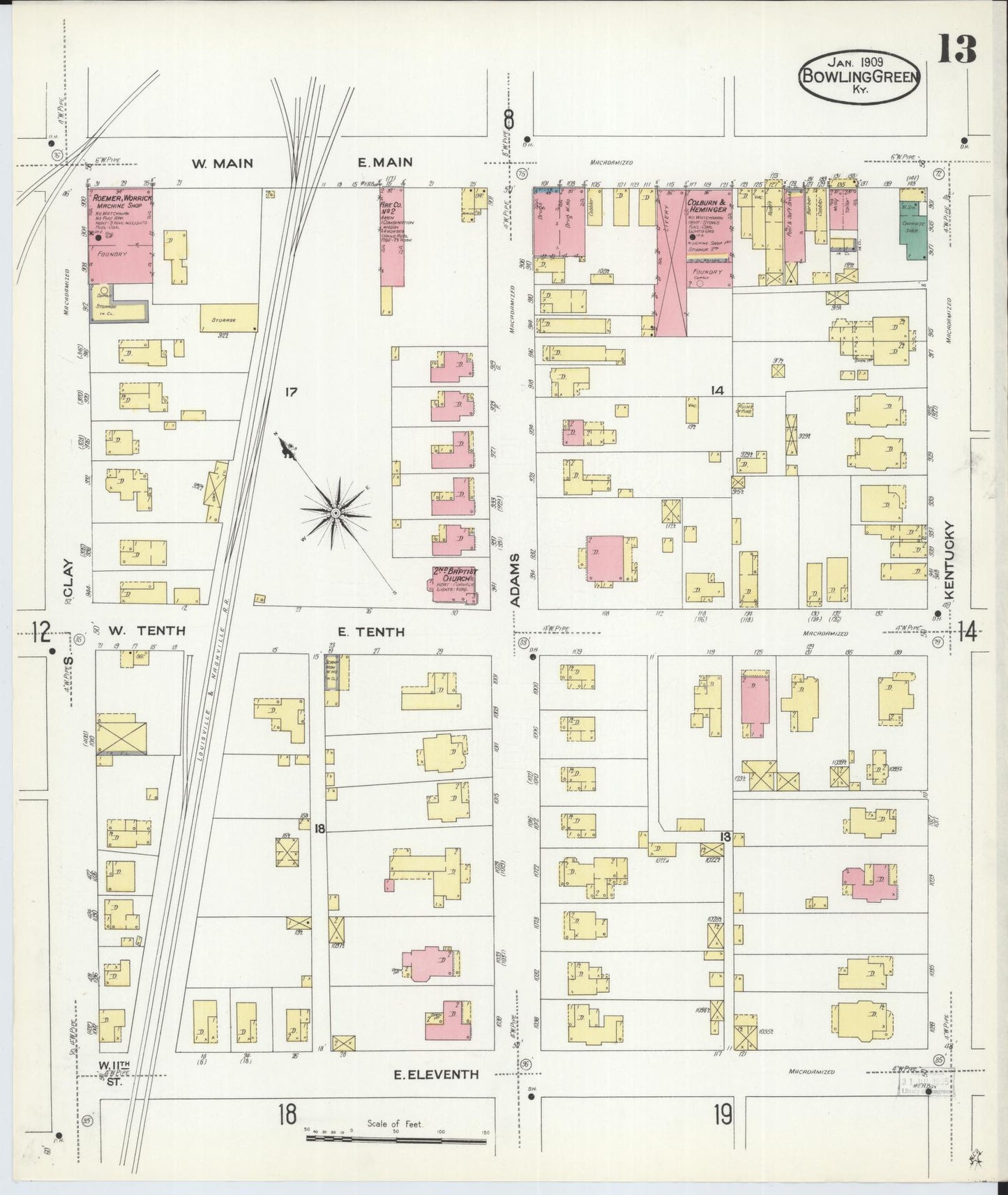 Sanborn Fire Insurance Map from Bowling Green, Warren County, Kentucky (1909), Sheet #0013 - Historic Sanborn Fire Insurance Map Print, vintage old map wall art, antique decor, genealogy gift, Kentucky Kentucky map