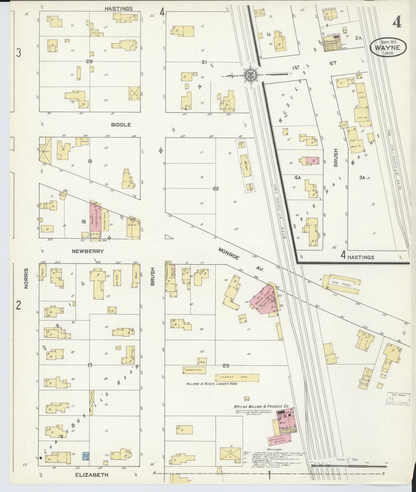 Sanborn Fire Insurance Map from Wayne, Wayne County, Michigan (1912), Sheet #0004 - Historic Sanborn Fire Insurance Map Print, vintage old map wall art, antique decor, genealogy gift, Michigan Michigan map