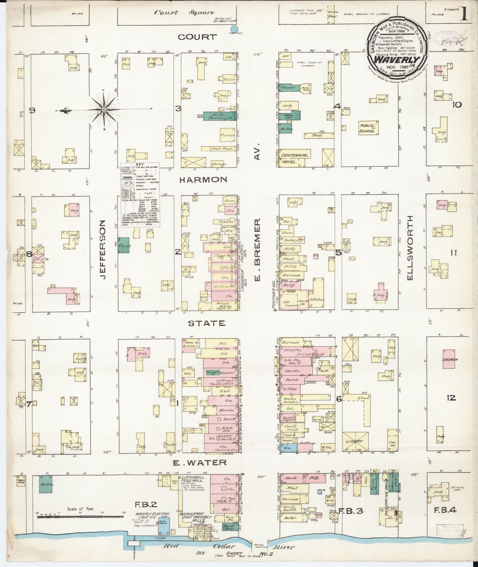 Sanborn Fire Insurance Map from Waverly, Bremer County, Iowa (1885), Sheet #0001 - Historic Sanborn Fire Insurance Map Print