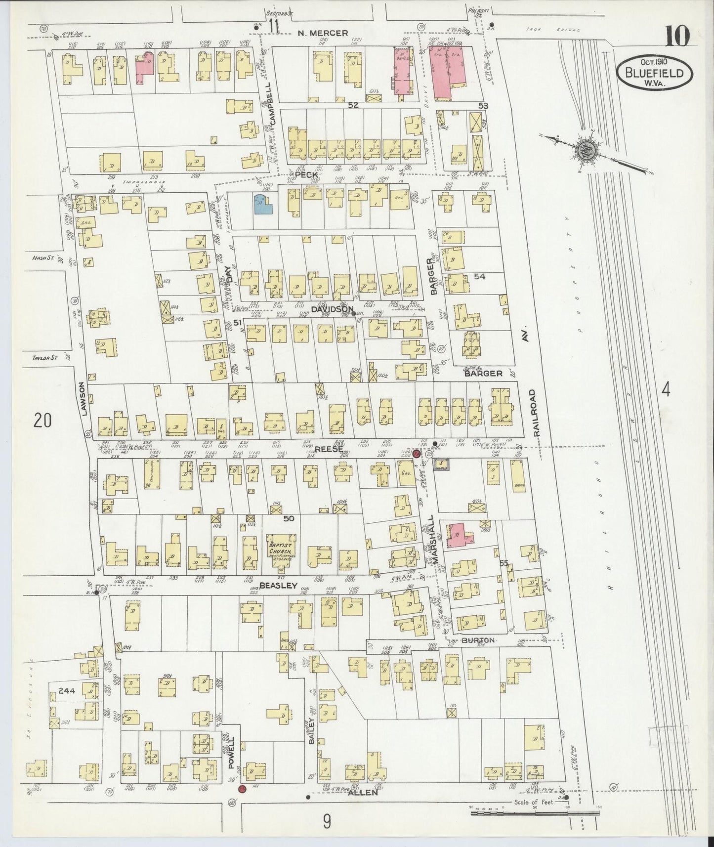 Sanborn Fire Insurance Map from Bluefield, Mercer County, West Virginia (1910), Sheet #0010 - Historic Sanborn Fire Insurance Map Print, vintage old map wall art, antique decor, genealogy gift, West Virginia West Virginia map