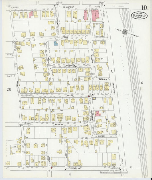 Sanborn Fire Insurance Map from Bluefield, Mercer County, West Virginia (1910), Sheet #0010 - Historic Sanborn Fire Insurance Map Print, vintage old map wall art, antique decor, genealogy gift, West Virginia West Virginia map