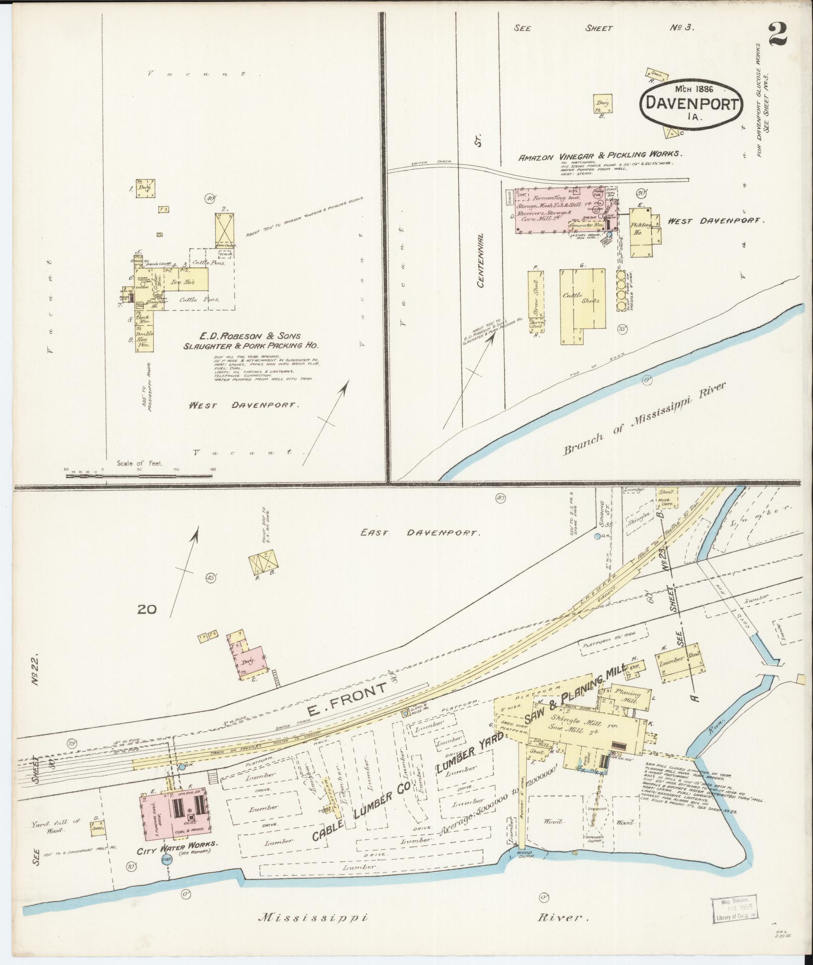 Sanborn Fire Insurance Map from Davenport, Scott County, Iowa (1886), Sheet #0002 - Historic Sanborn Fire Insurance Map Print, vintage old map wall art