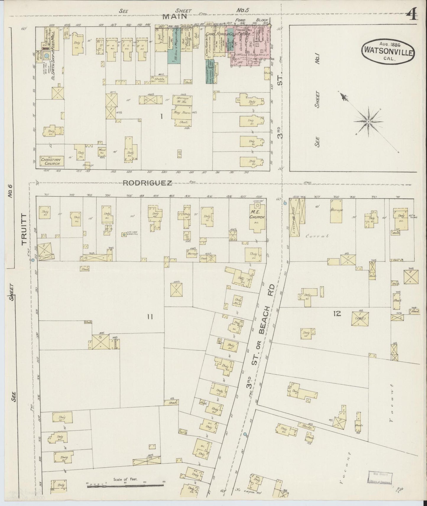 Sanborn Fire Insurance Map from Watsonville, Santa Cruz County, California (1886), Sheet #0004 - Complete Map Set gallery image, historic Sanborn map, vintage wall art, California California