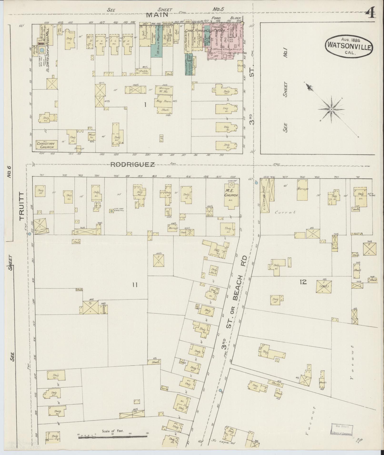 Sanborn Fire Insurance Map from Watsonville, Santa Cruz County, California (1886), Sheet #0004 - Complete Map Set gallery image, historic Sanborn map, vintage wall art, California California