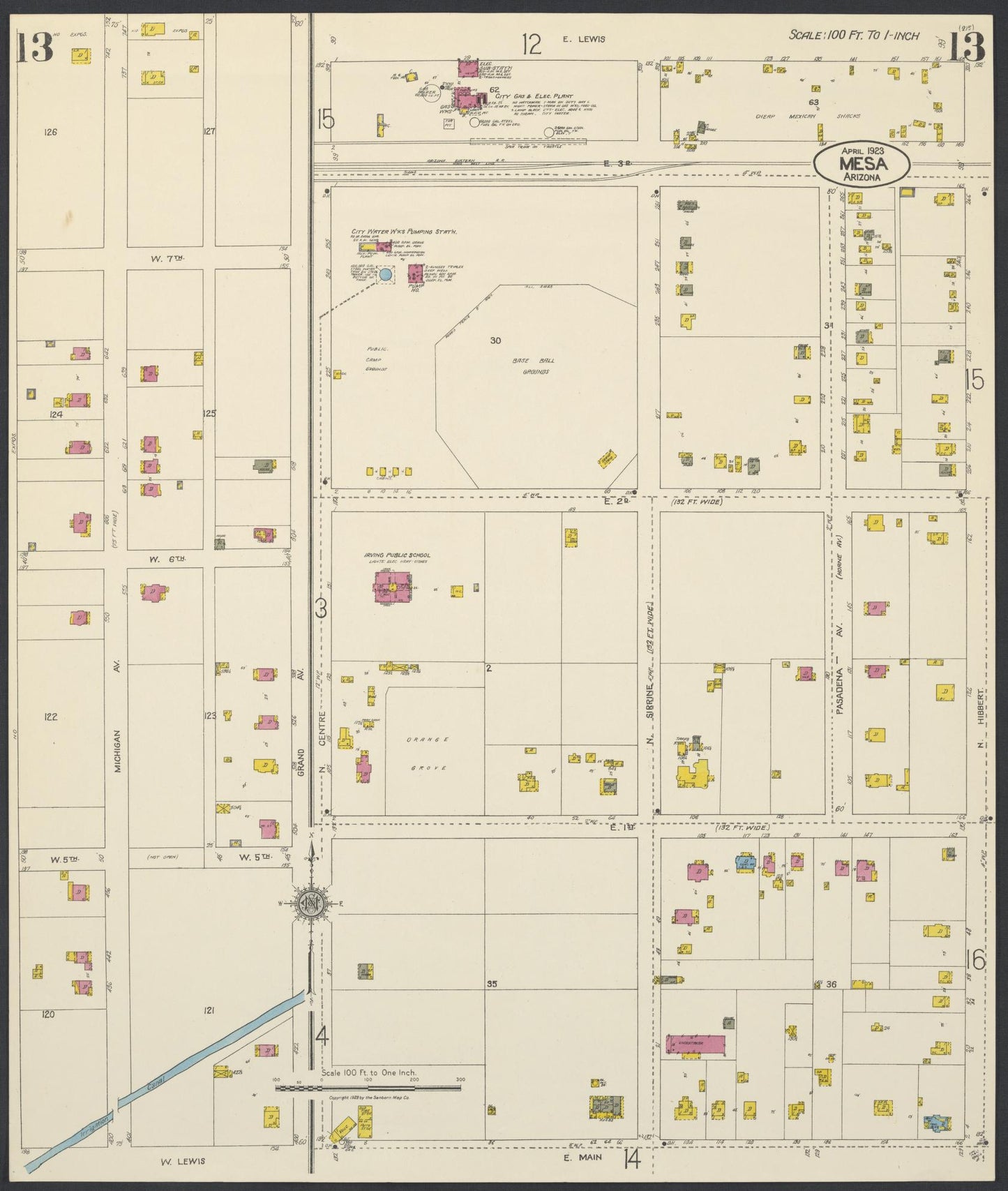 Sanborn Fire Insurance Map from Mesa, Maricopa County, Arizona (1923), Sheet #0013 - Complete Map Set gallery image, historic Sanborn map, vintage wall art, Arizona Arizona