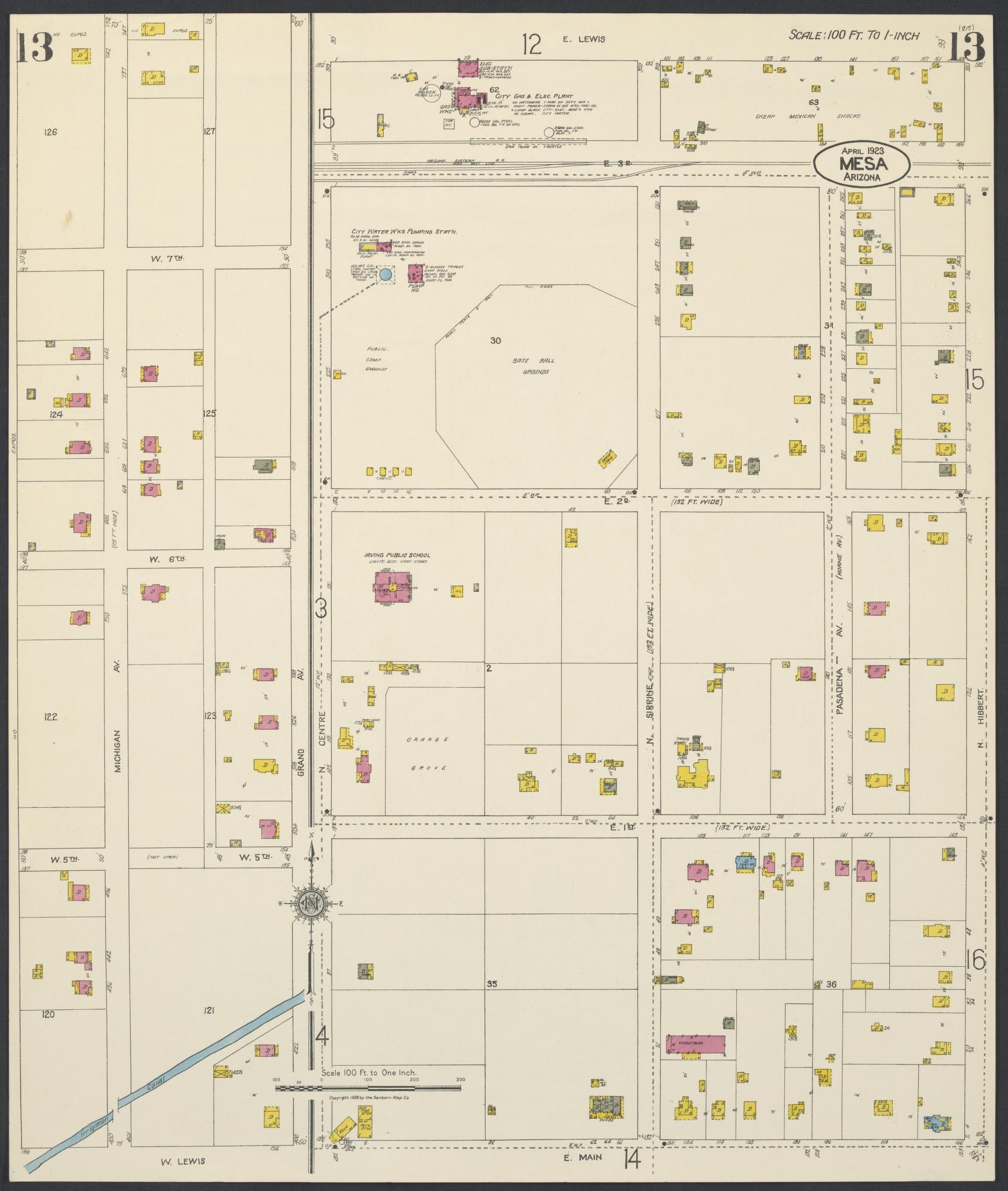 Sanborn Fire Insurance Map from Mesa, Maricopa County, Arizona (1923), Sheet #0013 - Complete Map Set gallery image, historic Sanborn map, vintage wall art, Arizona Arizona