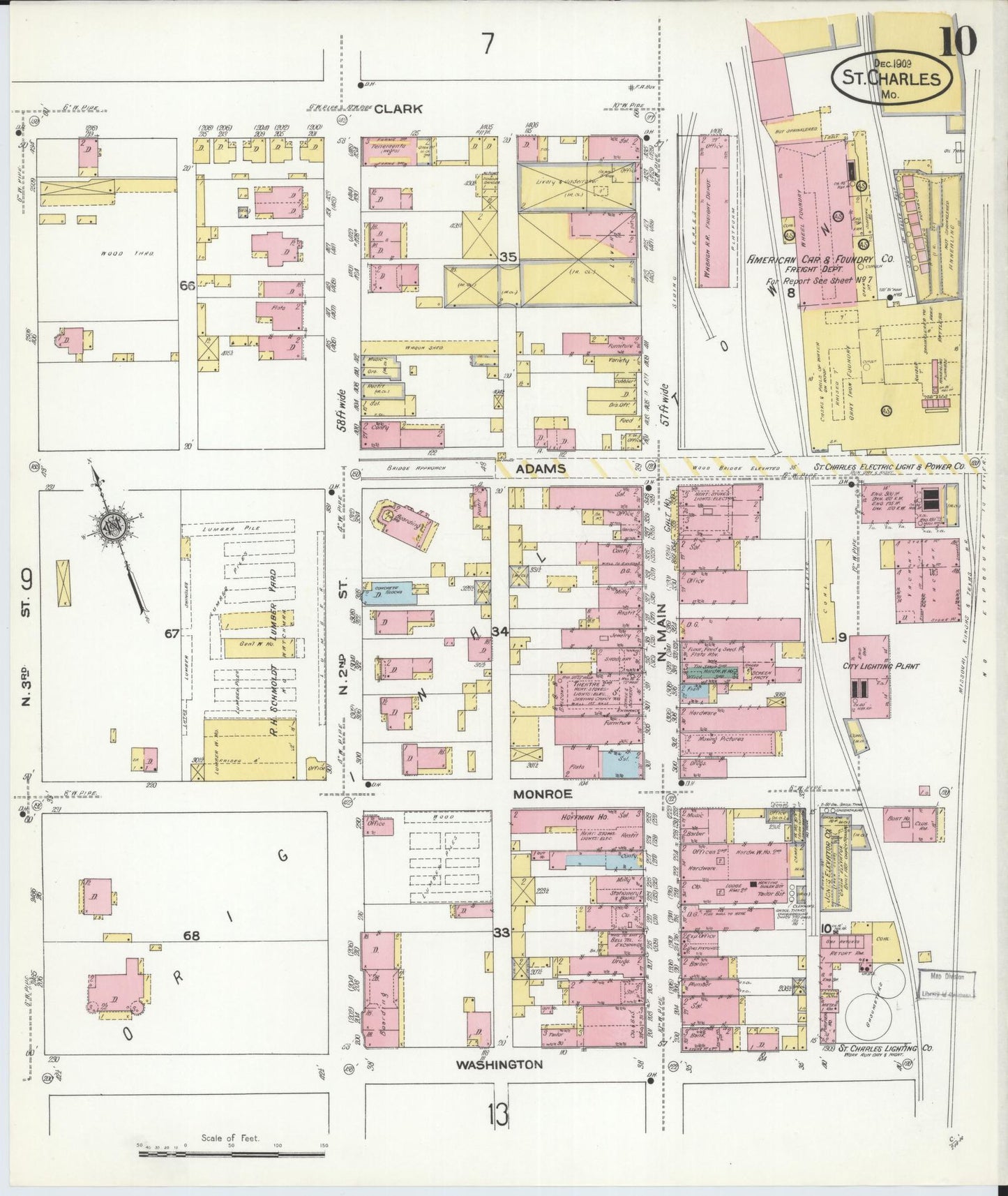 Sanborn Fire Insurance Map from Saint Charles, Saint Charles County, Missouri (1909), Sheet #0010 - Historic Sanborn Fire Insurance Map Print, vintage old map wall art, antique decor, genealogy gift, Missouri Missouri map