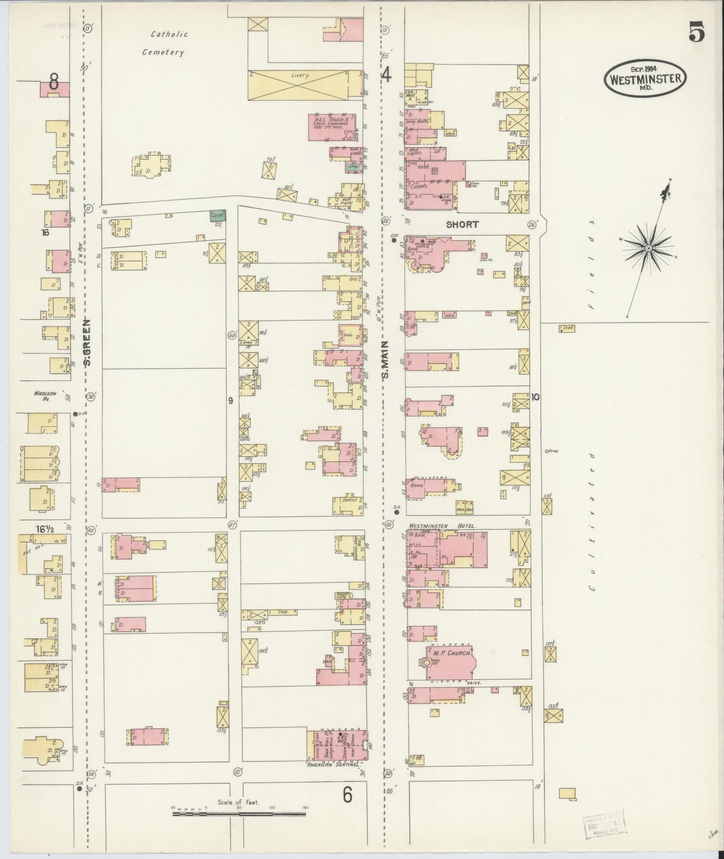 Sanborn Fire Insurance Map from Westminster, Carroll County, Maryland (1904), Sheet #0005 - Historic Sanborn Fire Insurance Map Print, vintage old map wall art, antique decor, genealogy gift, Maryland Maryland map