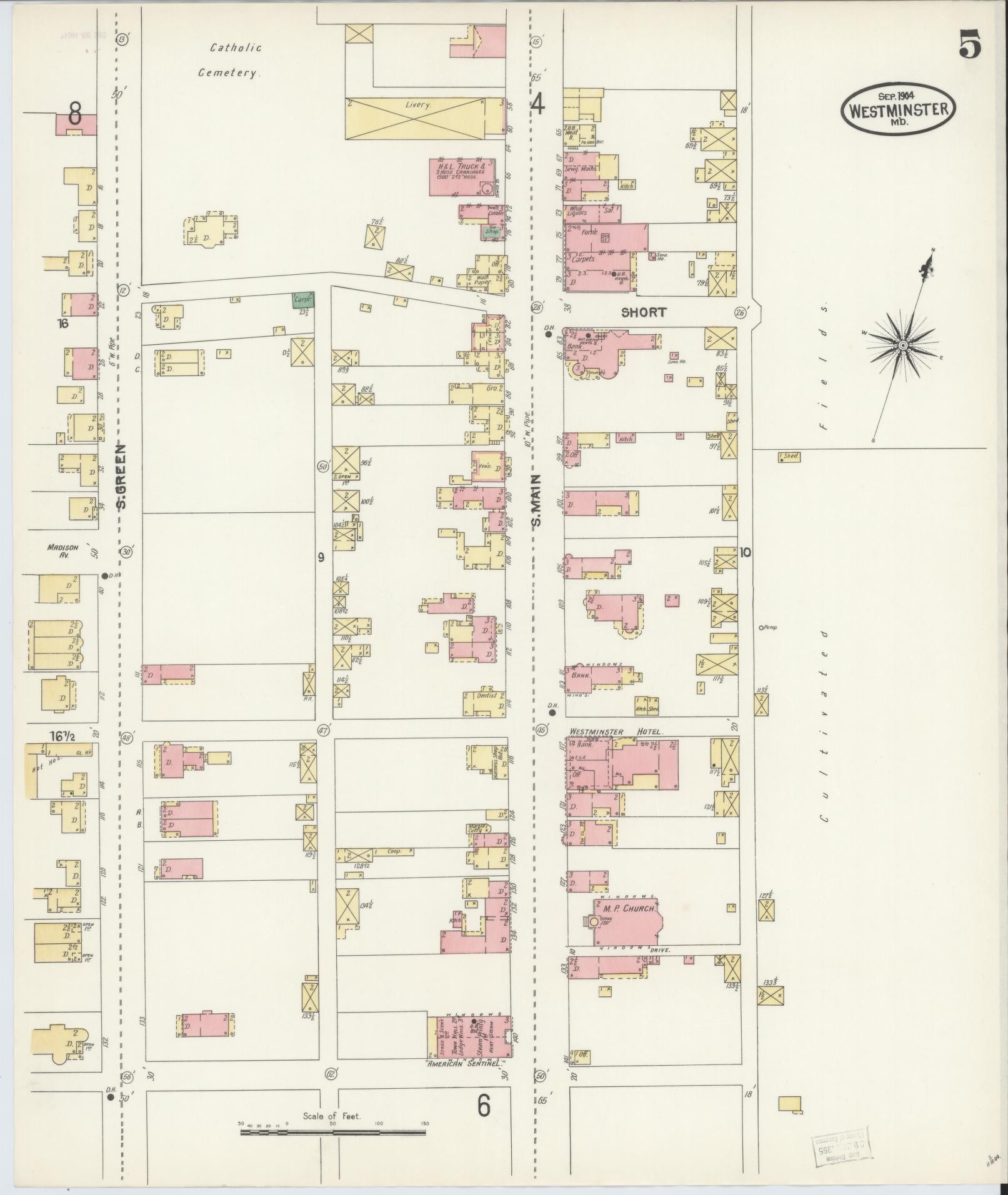 Sanborn Fire Insurance Map from Westminster, Carroll County, Maryland (1904), Sheet #0005 - Historic Sanborn Fire Insurance Map Print, vintage old map wall art, antique decor, genealogy gift, Maryland Maryland map