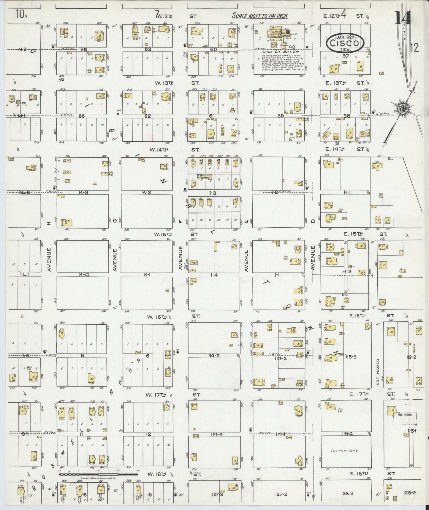 Sanborn Fire Insurance Map from Cisco, Eastland County, Texas (1920), Sheet #0014 - Complete Map Set gallery image, historic Sanborn map, vintage wall art, Texas Texas