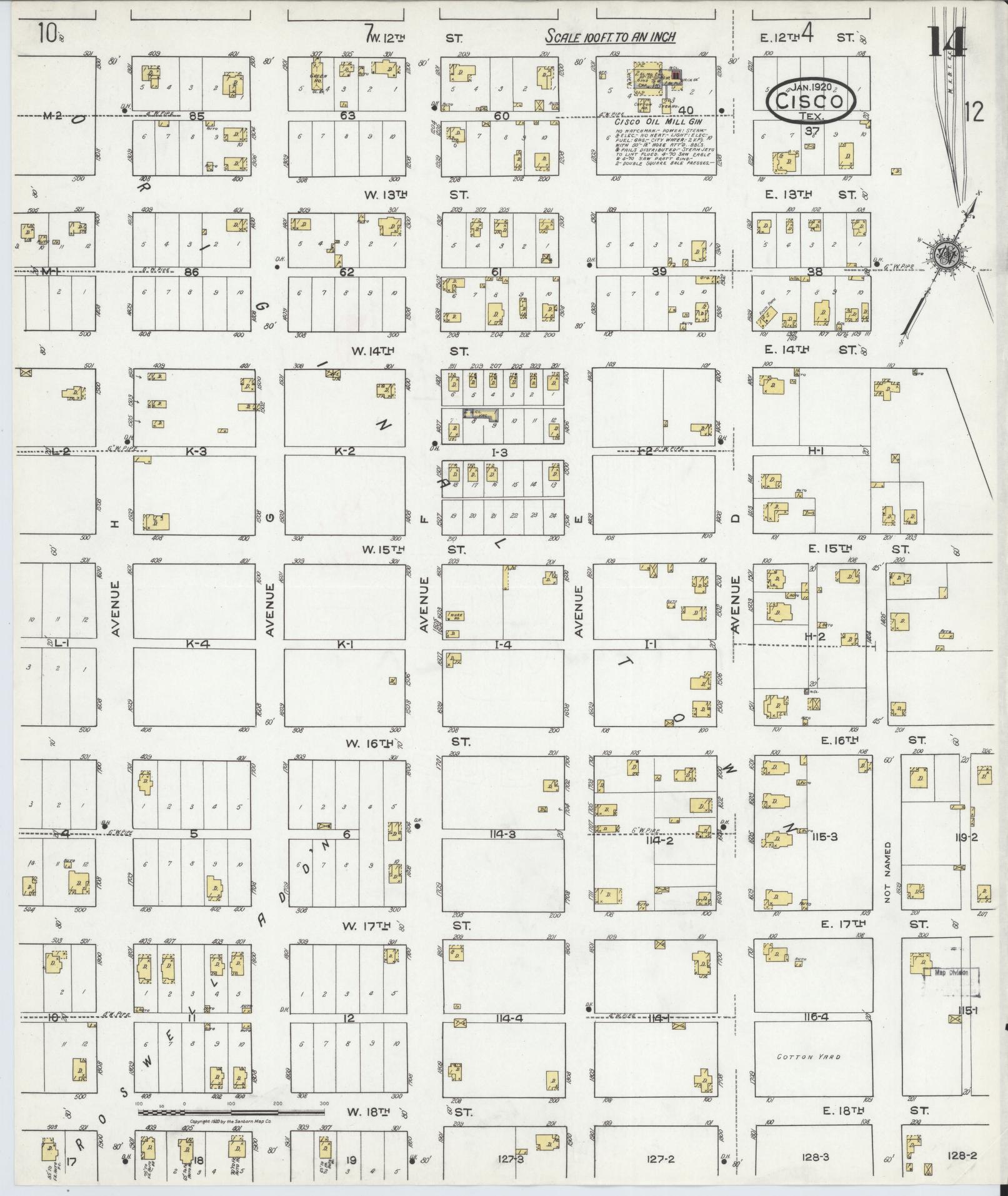 Sanborn Fire Insurance Map from Cisco, Eastland County, Texas (1920), Sheet #0014 - Complete Map Set gallery image, historic Sanborn map, vintage wall art, Texas Texas