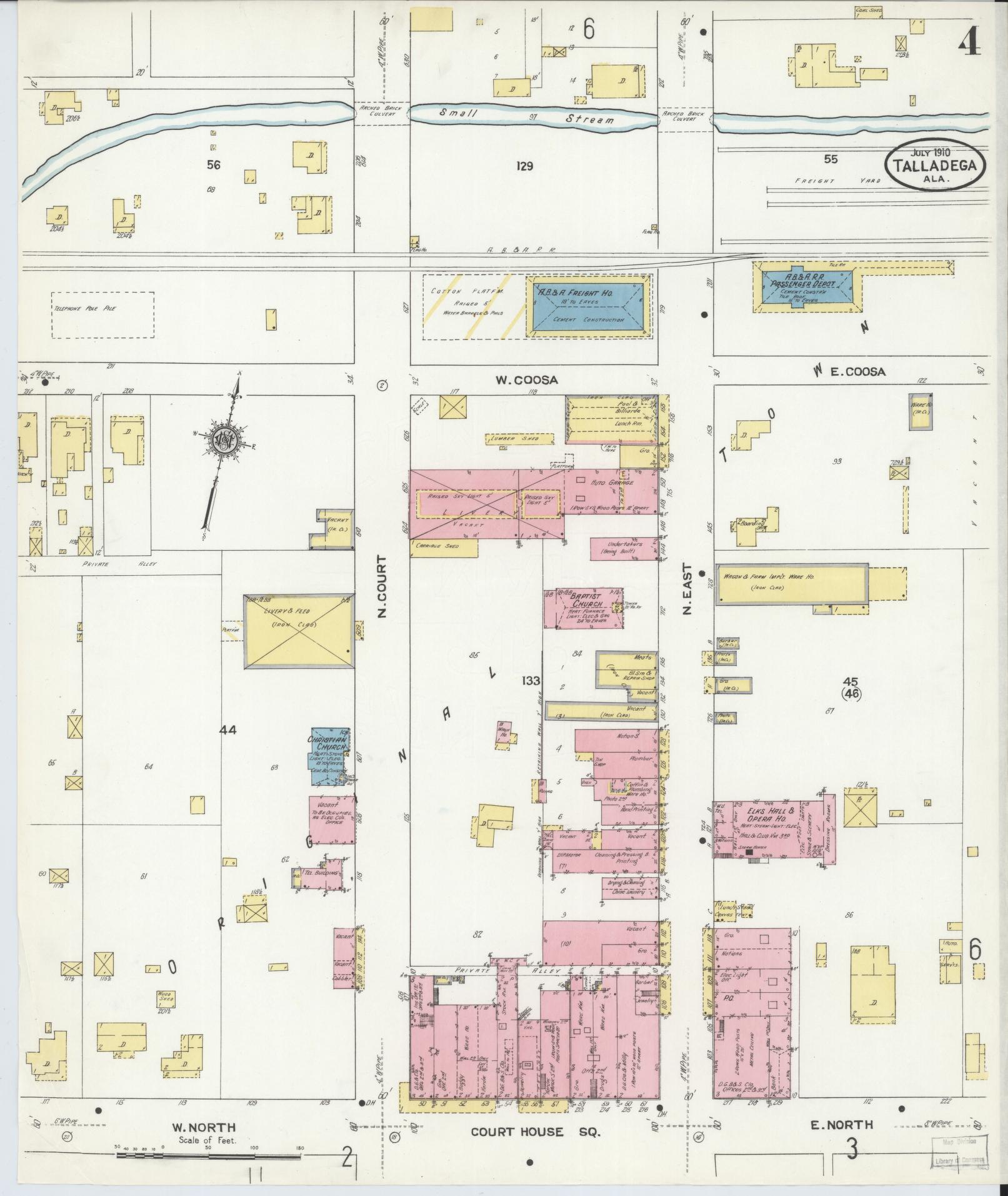Sanborn Fire Insurance Map from Talladega, Talladega County, Alabama (1910), Sheet #0004 - Complete Map Set gallery image, historic Sanborn map, vintage wall art, Alabama Alabama