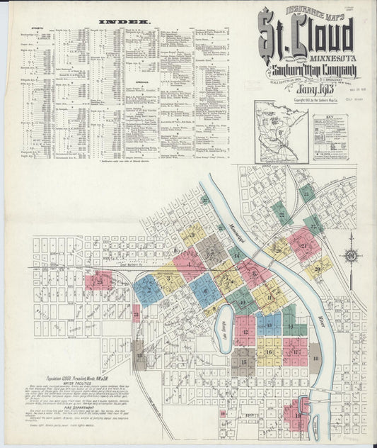 Sanborn Fire Insurance Map from Saint Cloud, Stearns, Benton, and Sherburne Counties, Minnesota (1913), Sheet #0001 - Historic Sanborn Fire Insurance Map Print, vintage old map wall art, antique decor, genealogy gift, Minnesota Minnesota map