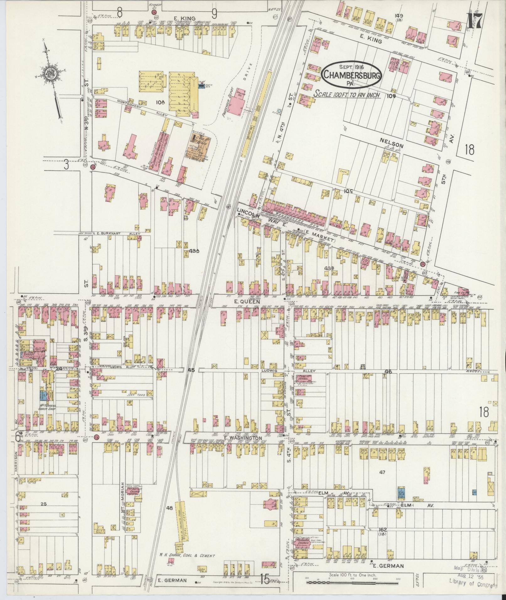 Sanborn Fire Insurance Map from Chambersburg, Franklin County, Pennsylvania (1916), Sheet #0017 - Historic Sanborn Fire Insurance Map Print, vintage old map wall art, antique decor, genealogy gift, Pennsylvania Pennsylvania map