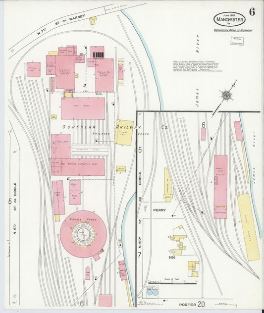 Sanborn Fire Insurance Map from Manchester, Chesterfield County, Virginia (1910), Sheet #0006 - Historic Sanborn Fire Insurance Map Print, vintage old map wall art, antique decor, genealogy gift, Virginia Virginia map