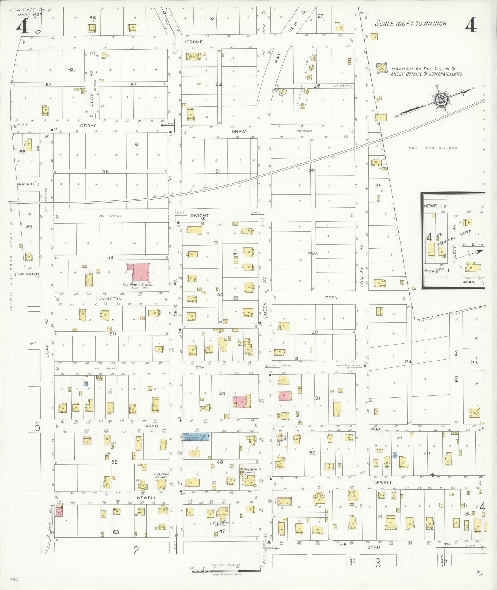 Sanborn Fire Insurance Map from Coalgate, Coal County, Oklahoma (1937), Sheet #0004 - Historic Sanborn Fire Insurance Map Print, vintage old map wall art, antique decor, genealogy gift, Oklahoma Oklahoma map