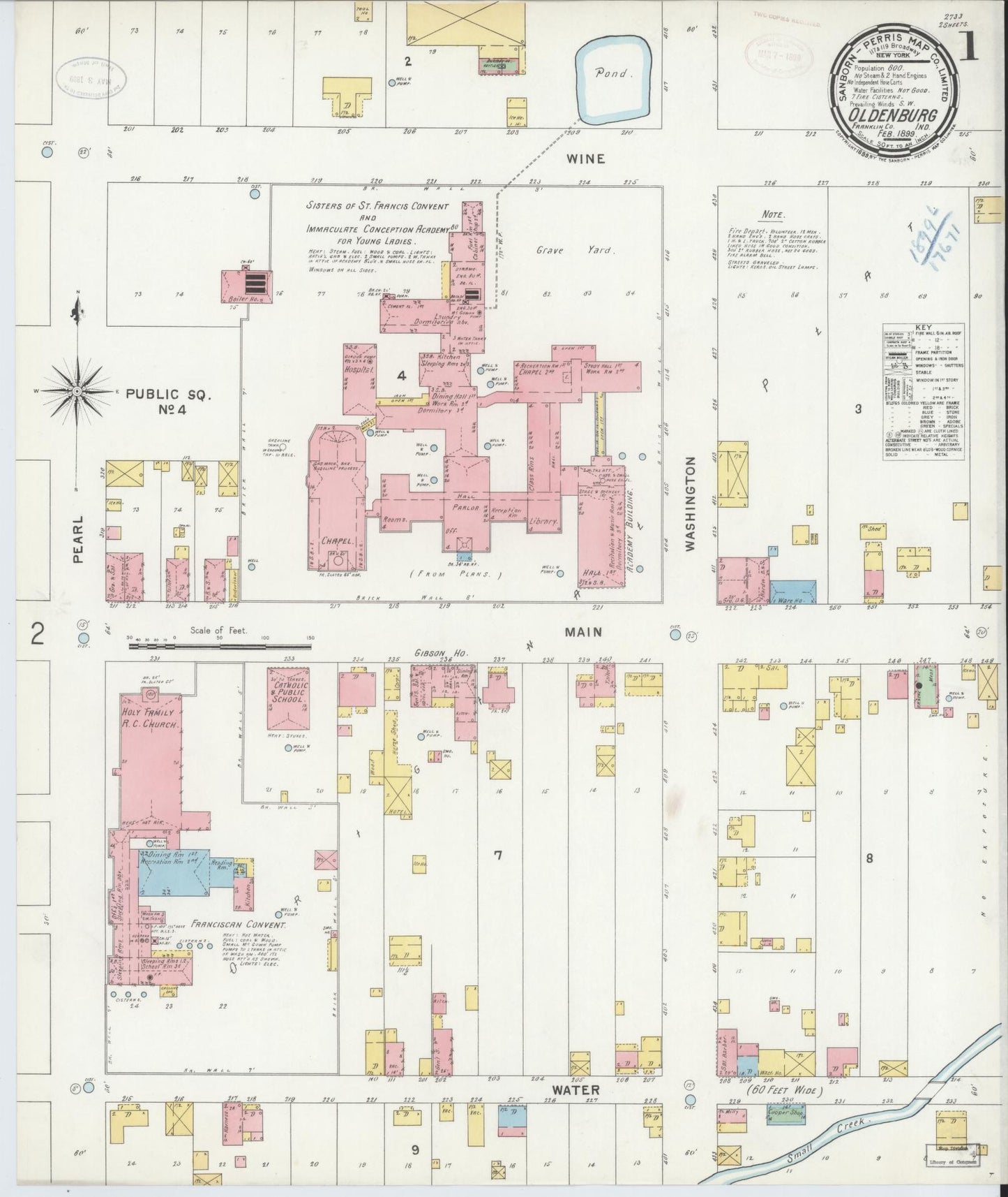 Sanborn Fire Insurance Map from Oldenburg, Franklin County, Indiana (1899), Sheet #0001 - Complete Map Set gallery image, historic Sanborn map, vintage wall art, Indiana Indiana