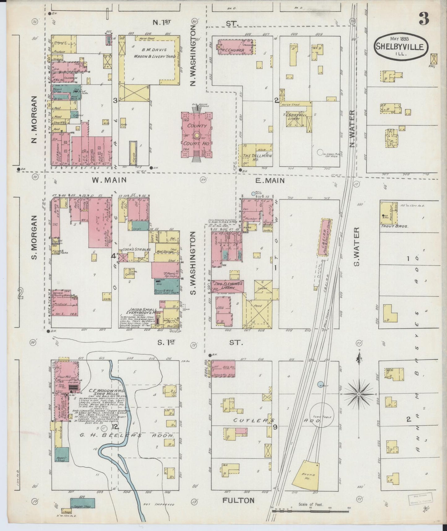 Sanborn Fire Insurance Map from Shelbyville, Shelby County, Illinois (1893), Sheet #0003 - Complete Map Set gallery image, historic Sanborn map, vintage wall art, Illinois Illinois