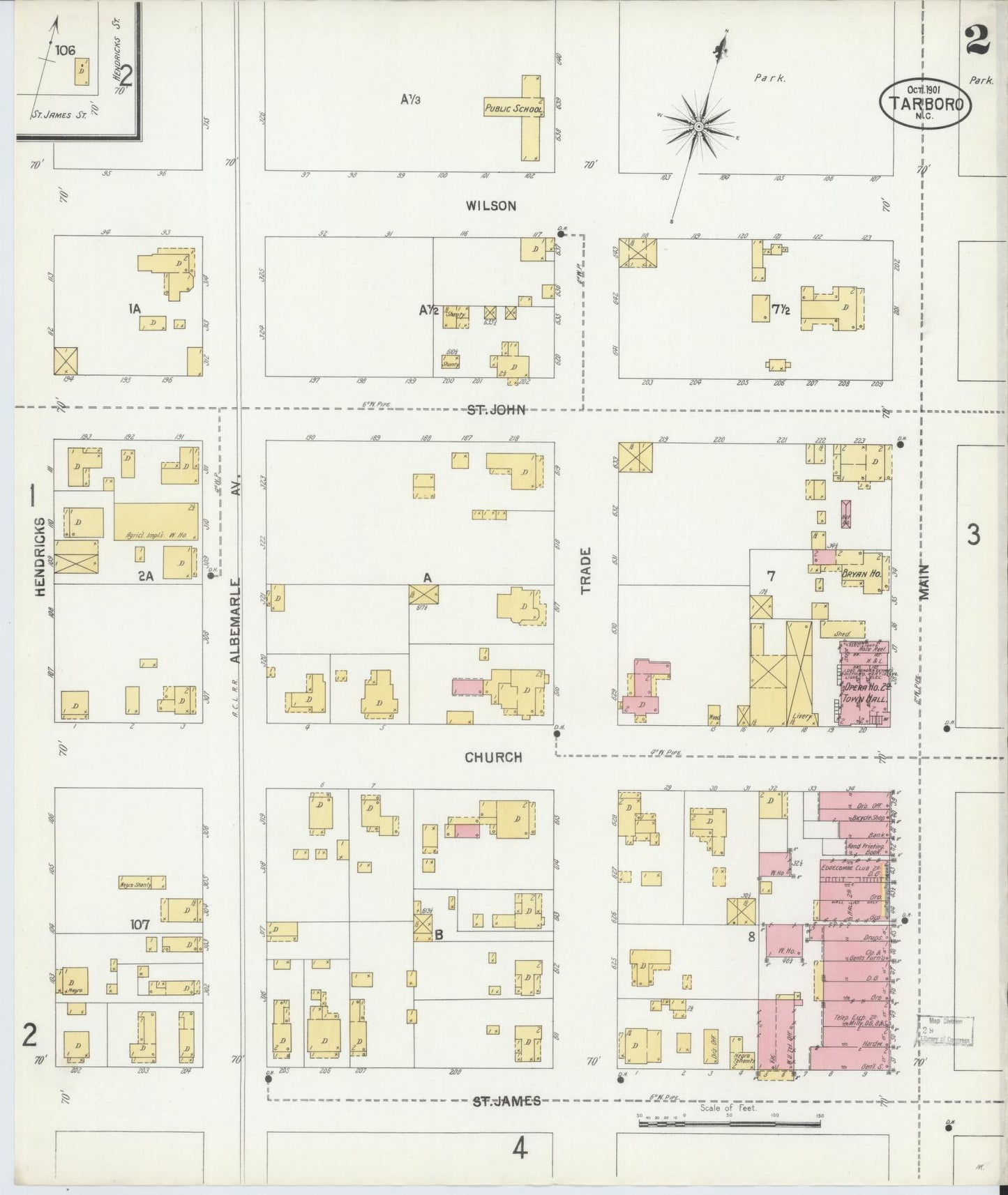 Sanborn Fire Insurance Map from Tarboro, Edgecombe County, North Carolina (1901), Sheet #0002 - Complete Map Set gallery image, historic Sanborn map, vintage wall art, North Carolina North Carolina
