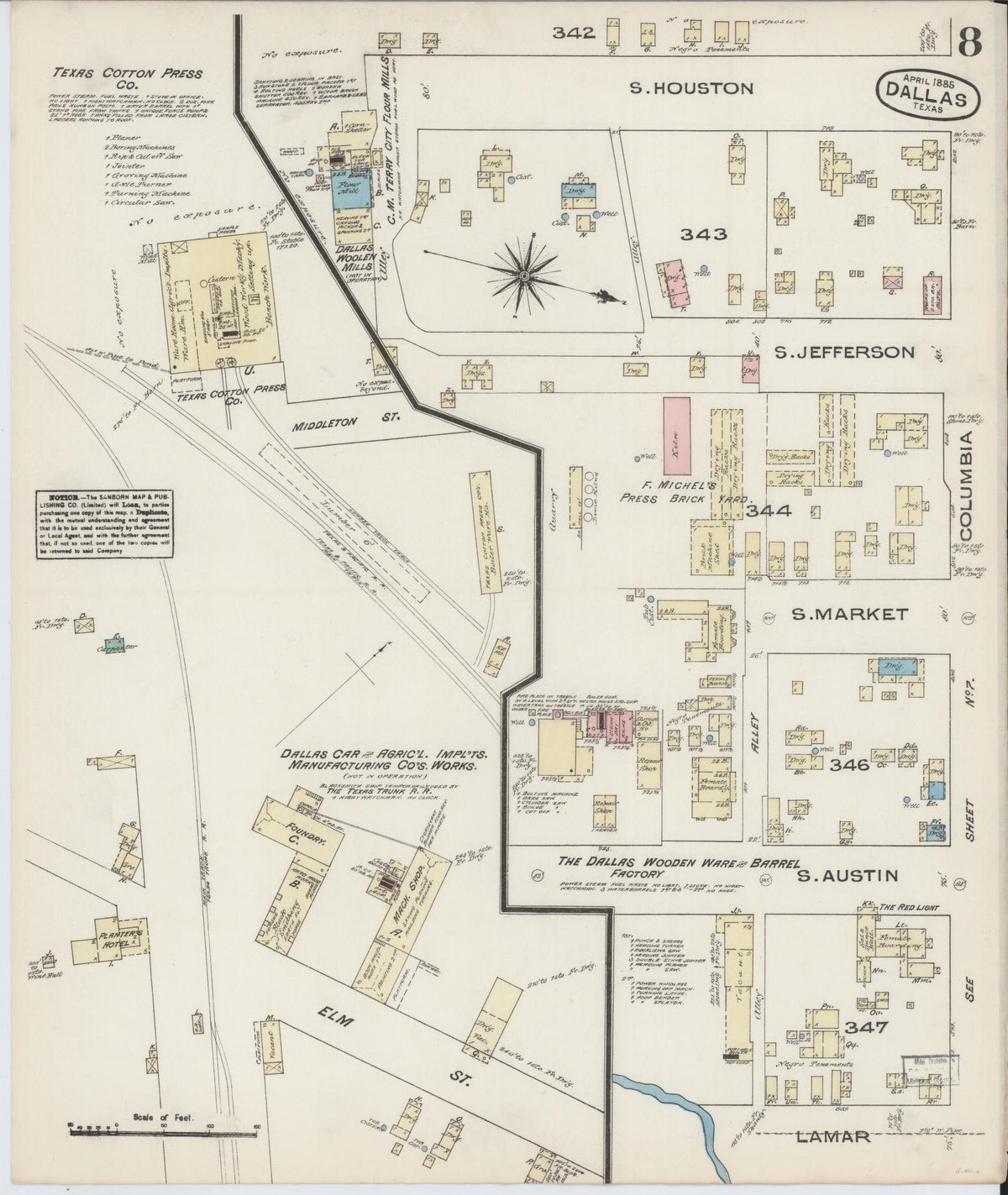 Sanborn Fire Insurance Map from Dallas, Dallas County, Texas (1885), Sheet #0008 - Complete Map Set gallery image, historic Sanborn map, vintage wall art, Texas Texas