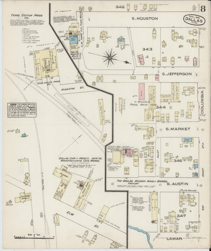 Sanborn Fire Insurance Map from Dallas, Dallas County, Texas (1885), Sheet #0008 - Complete Map Set gallery image, historic Sanborn map, vintage wall art, Texas Texas
