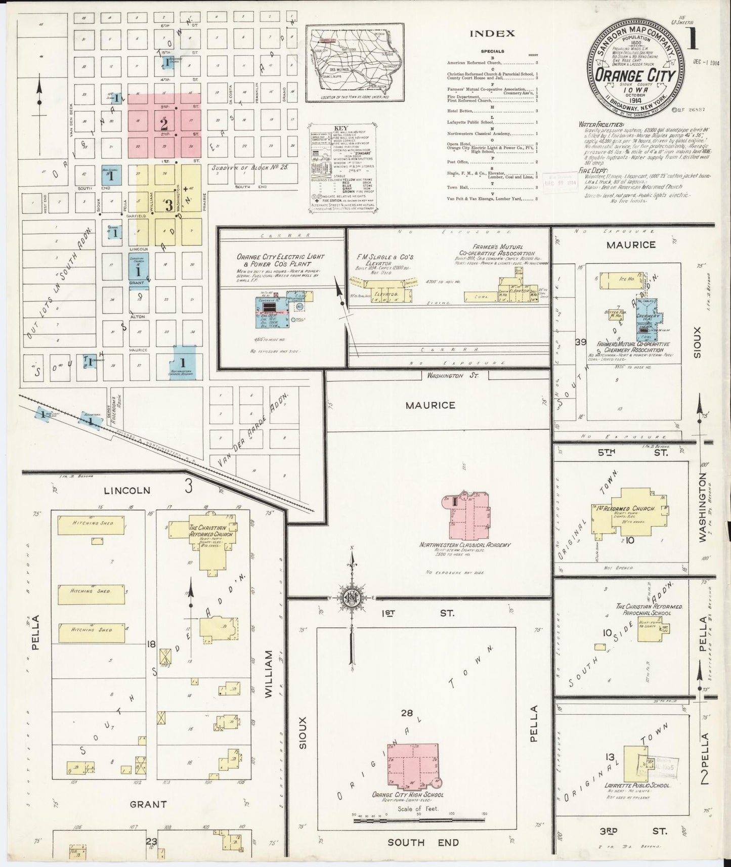 Sanborn Fire Insurance Map from Orange City, Sioux County, Iowa (1914), Sheet #0001 - Historic Sanborn Fire Insurance Map Print