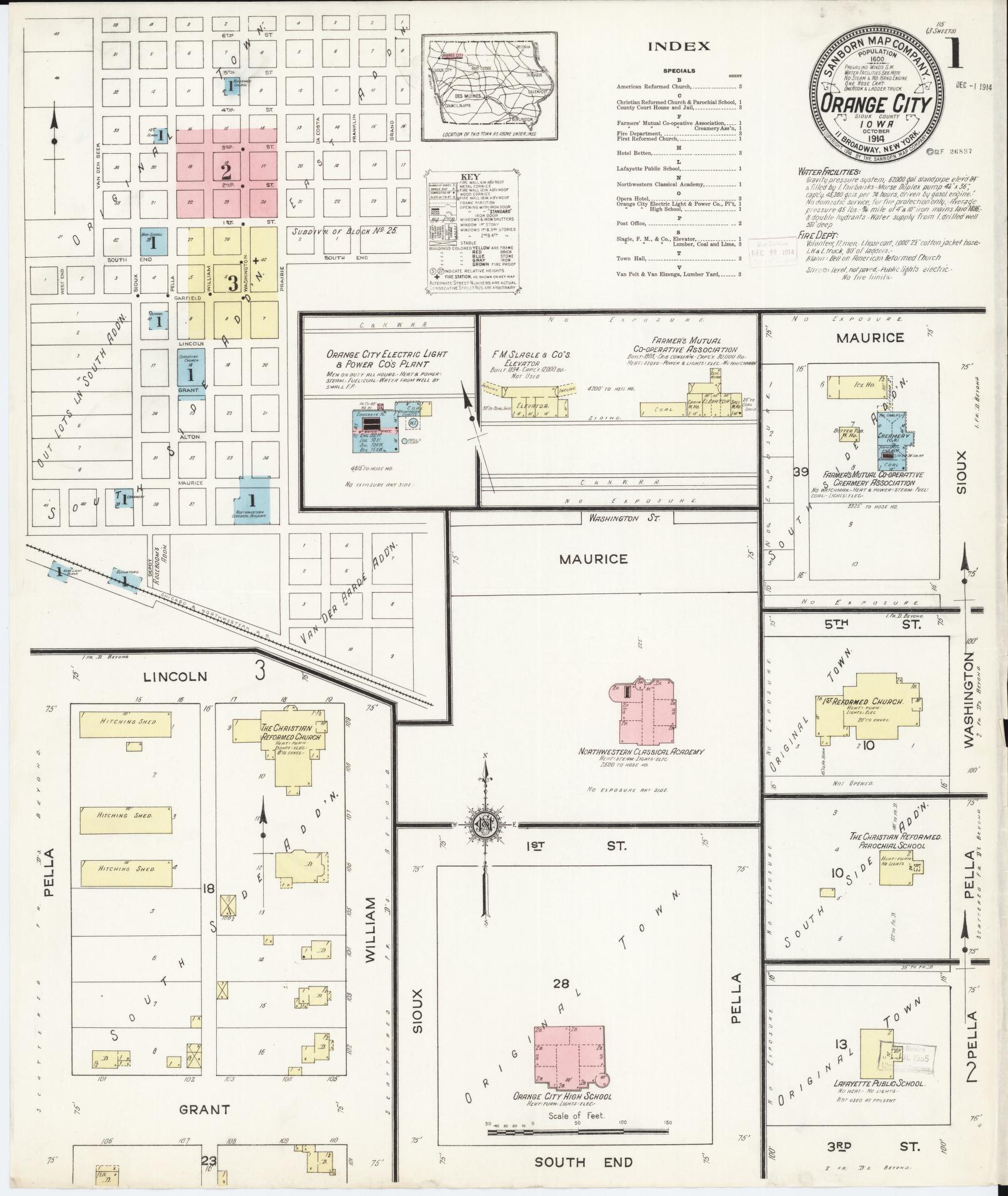 Sanborn Fire Insurance Map from Orange City, Sioux County, Iowa (1914), Sheet #0001 - Historic Sanborn Fire Insurance Map Print