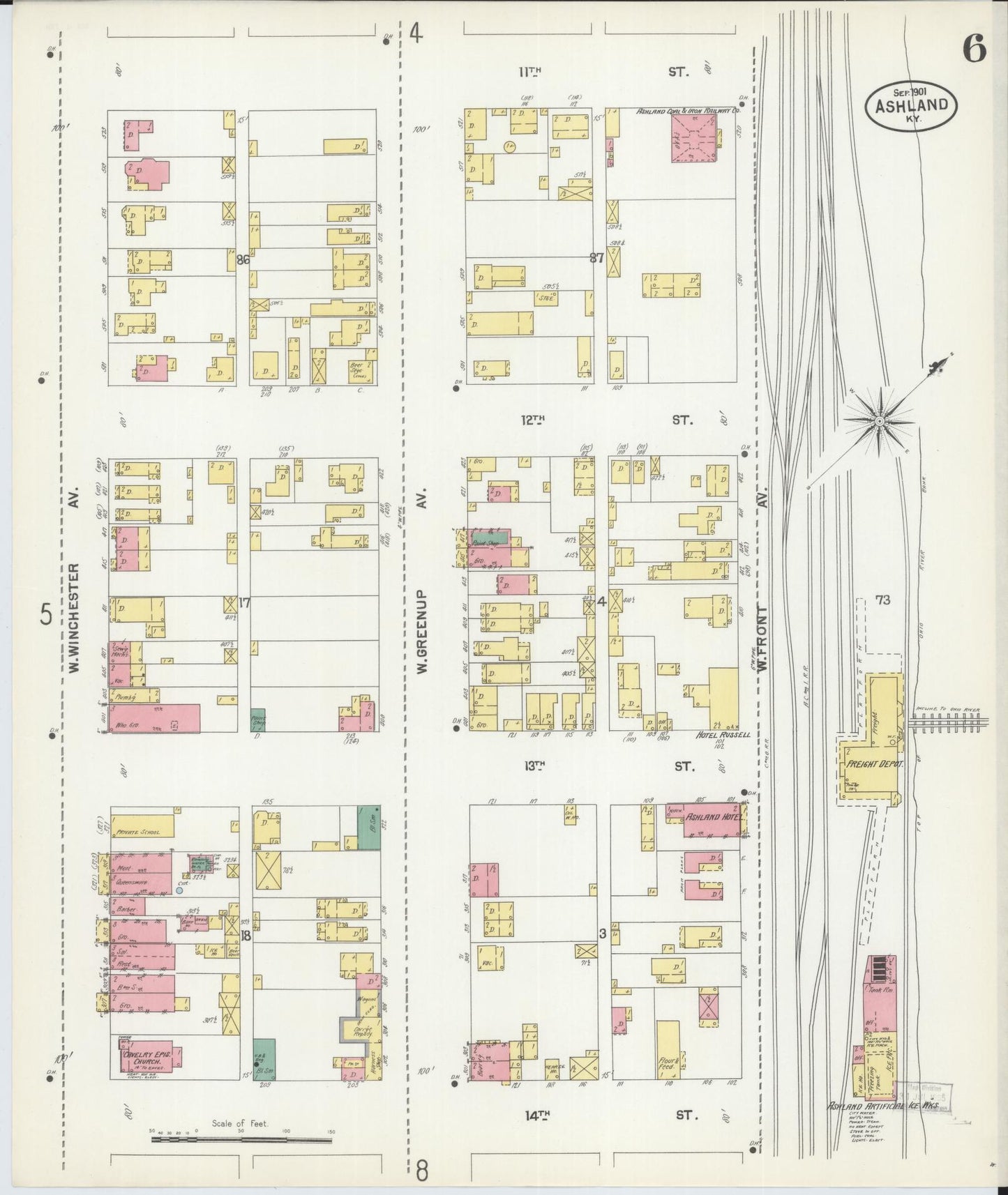 Sanborn Fire Insurance Map from Ashland, Boyd County, Kentucky (1901), Sheet #0006 - Historic Sanborn Fire Insurance Map Print, vintage old map wall art, antique decor, genealogy gift, Kentucky Kentucky map