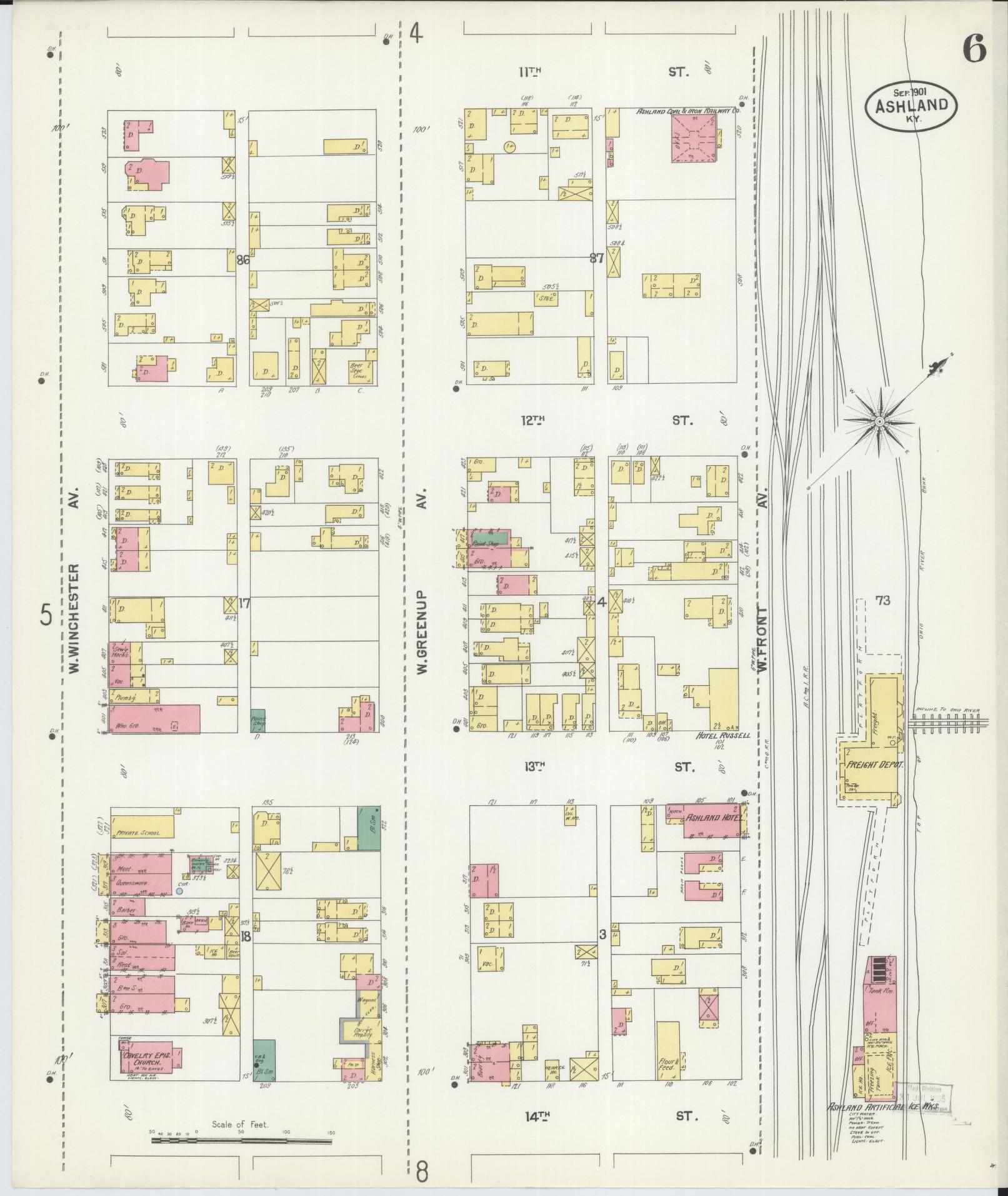 Sanborn Fire Insurance Map from Ashland, Boyd County, Kentucky (1901), Sheet #0006 - Historic Sanborn Fire Insurance Map Print, vintage old map wall art, antique decor, genealogy gift, Kentucky Kentucky map