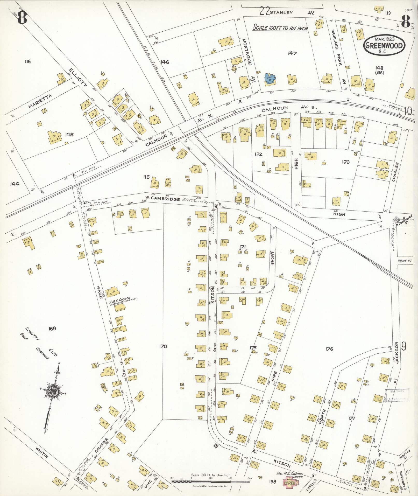 Sanborn Fire Insurance Map from Greenwood, Greenwood County, South Carolina (1923), Sheet #0008 - Historic Sanborn Fire Insurance Map Print, vintage old map wall art, antique decor, genealogy gift, South Carolina South Carolina map