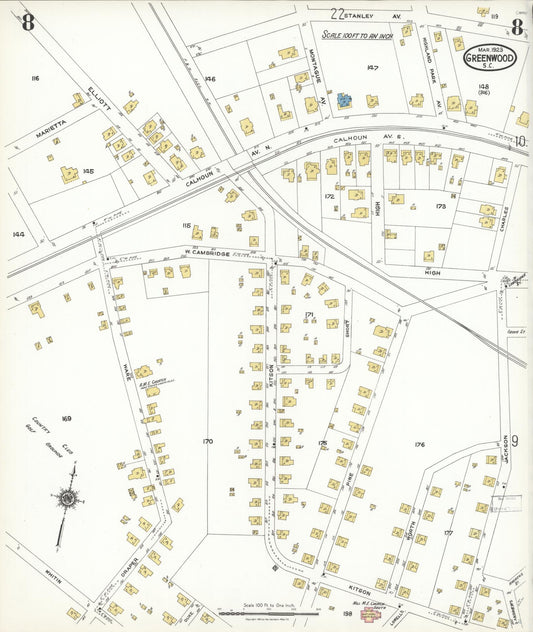 Sanborn Fire Insurance Map from Greenwood, Greenwood County, South Carolina (1923), Sheet #0008 - Historic Sanborn Fire Insurance Map Print, vintage old map wall art, antique decor, genealogy gift, South Carolina South Carolina map