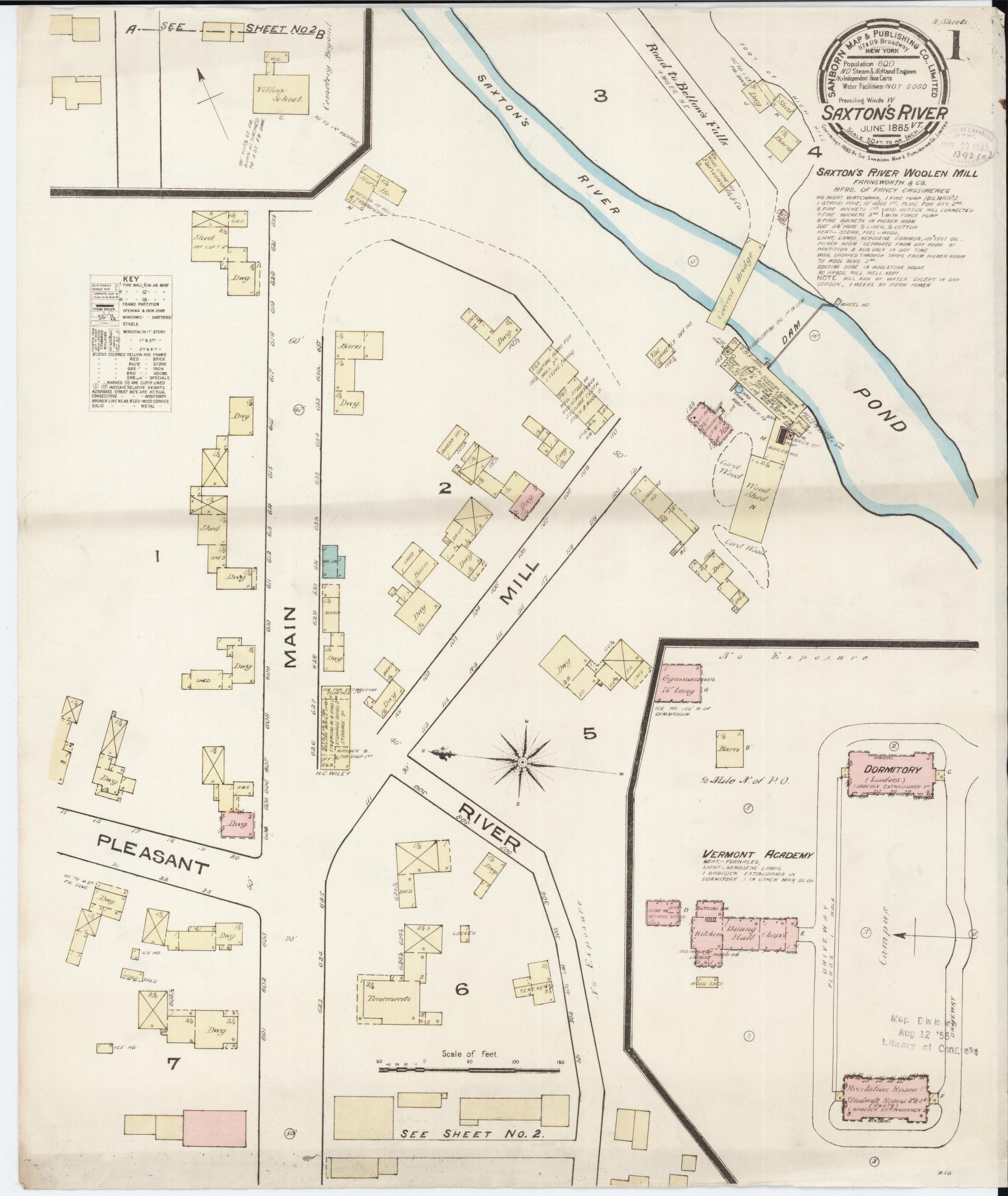 Sanborn Fire Insurance Map from Saxton's River, Windham County, Vermont (1885), Sheet #0001 - Historic Sanborn Fire Insurance Map Print, vintage old map wall art, antique decor, genealogy gift, Vermont Vermont map