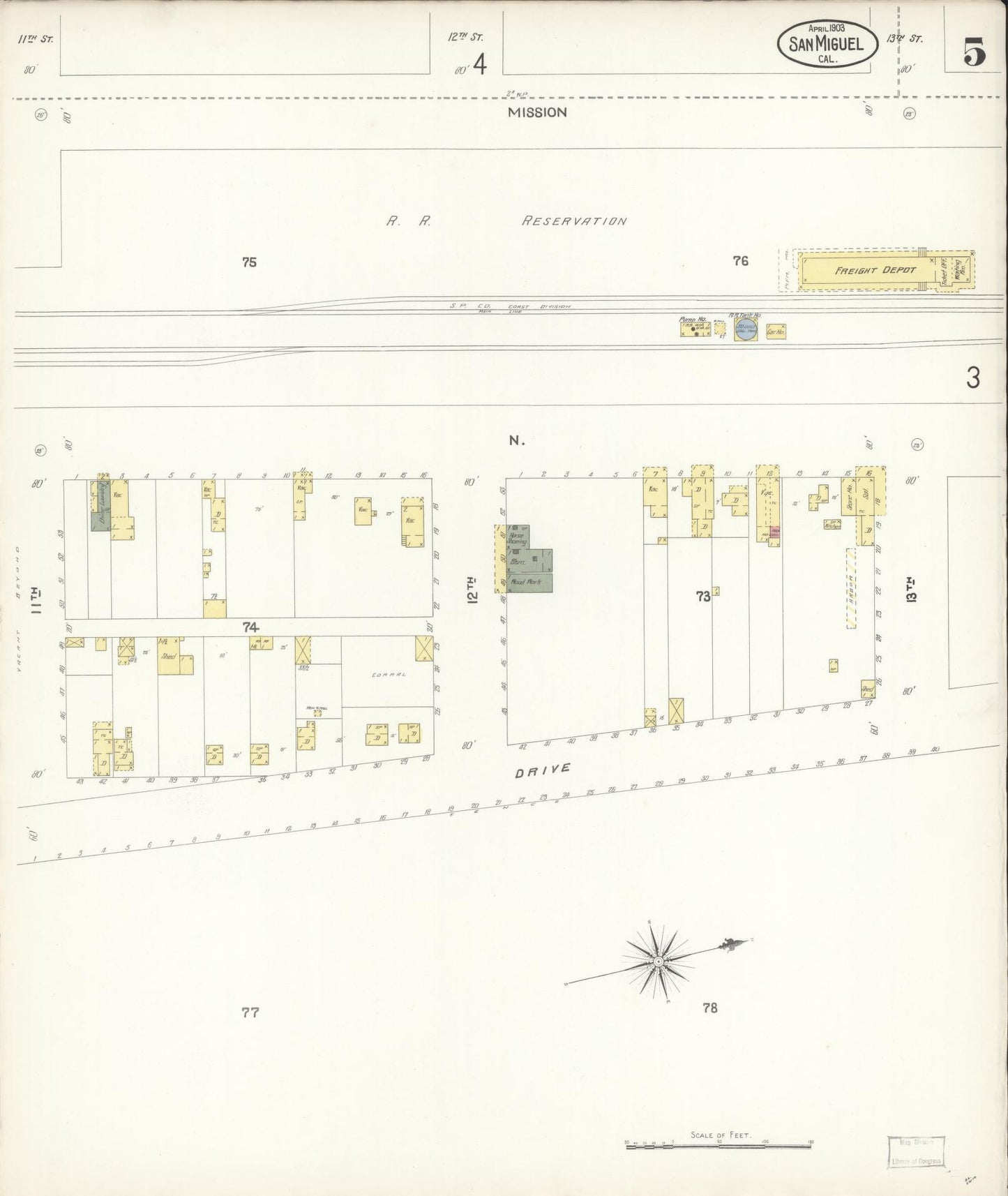 Sanborn Fire Insurance Map from San Miguel, San Luis Obispo County, California (1903), Sheet #0005 - Complete Map Set gallery image, historic Sanborn map, vintage wall art, California California
